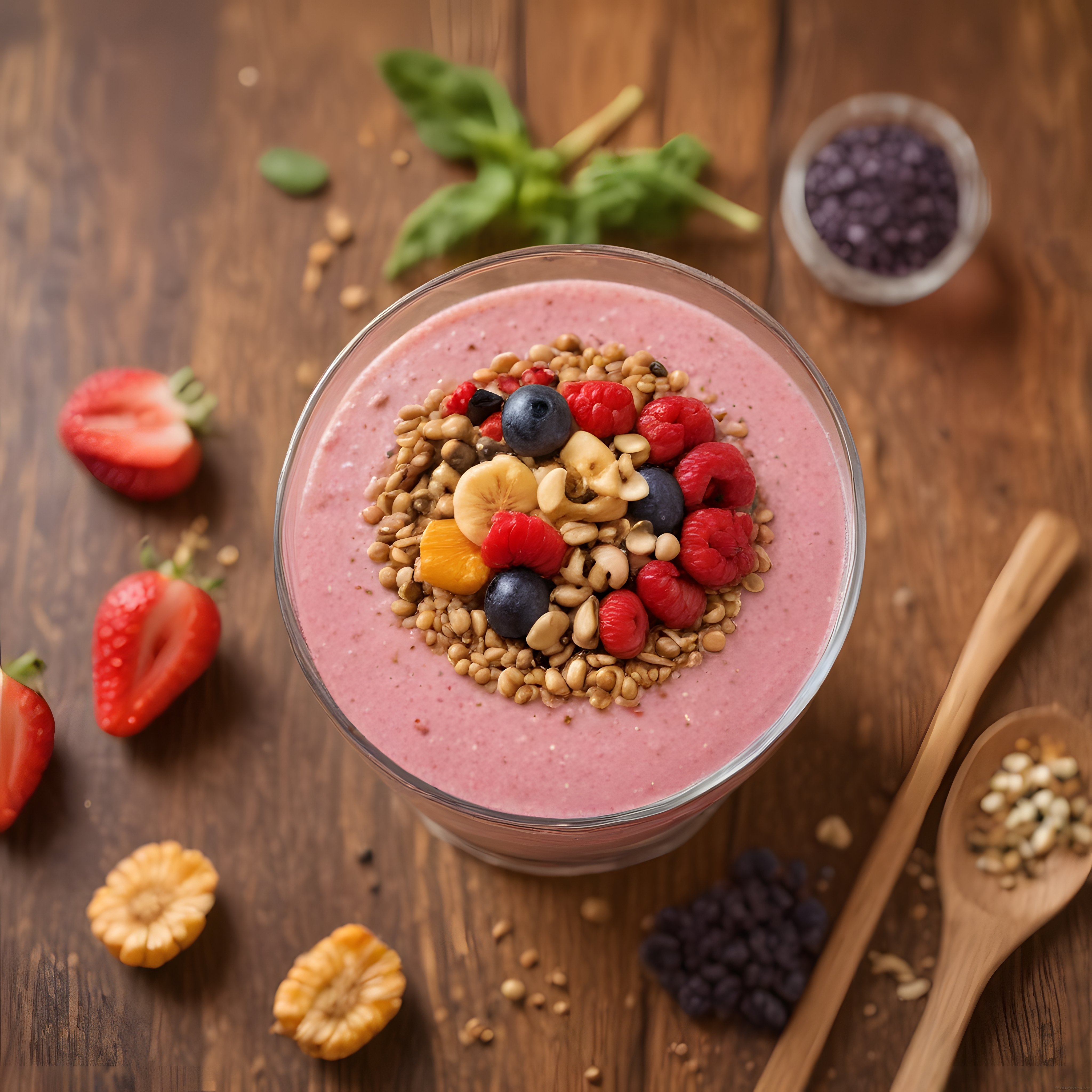 Ahşap zemin üzerinde taze meyveli sağlıklı smoothie bowl kahvaltı sunumu