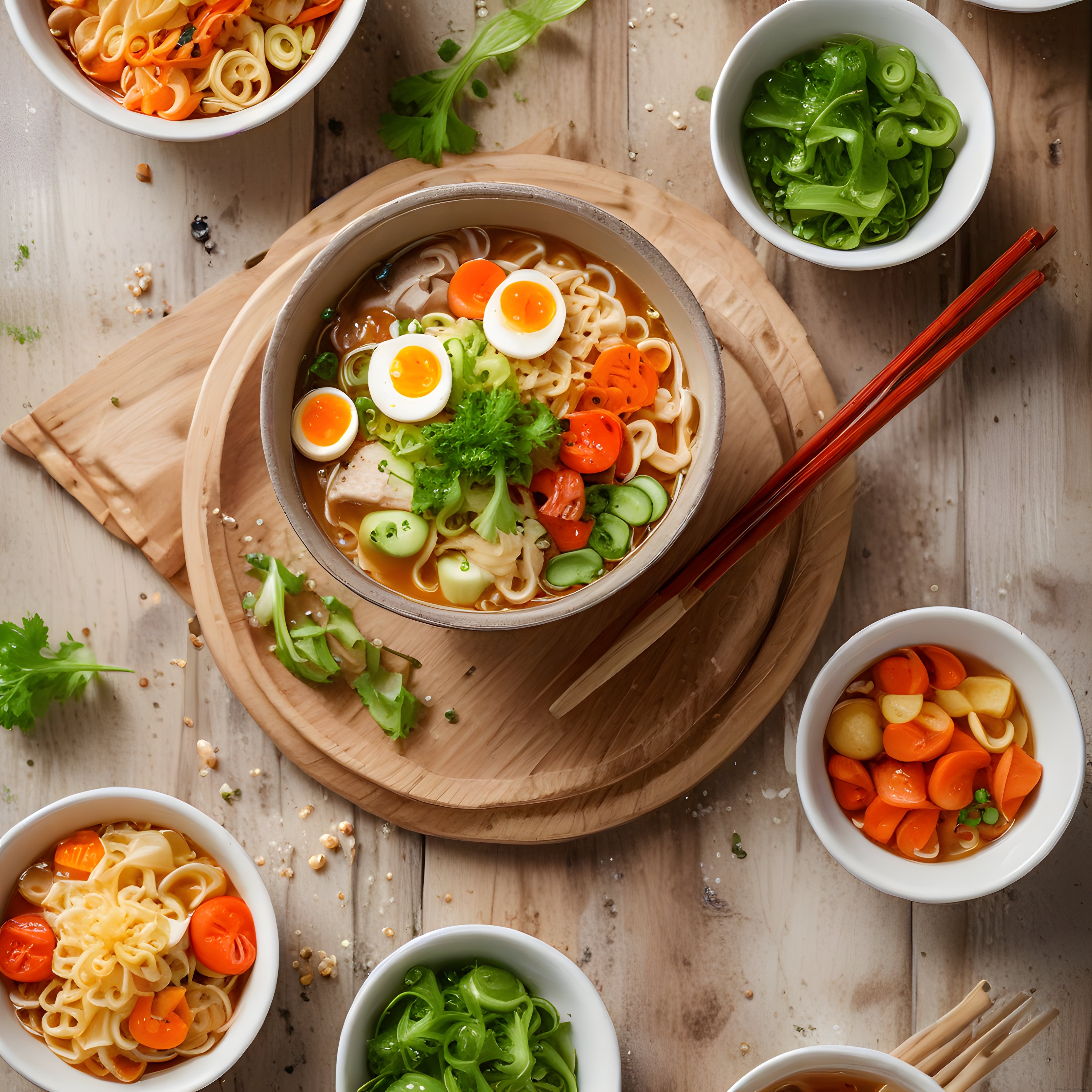 Ahşap Zemin Üzerinde Üstten Çekilmiş Renkli Sebzeli Ramen Noodle Kasesi