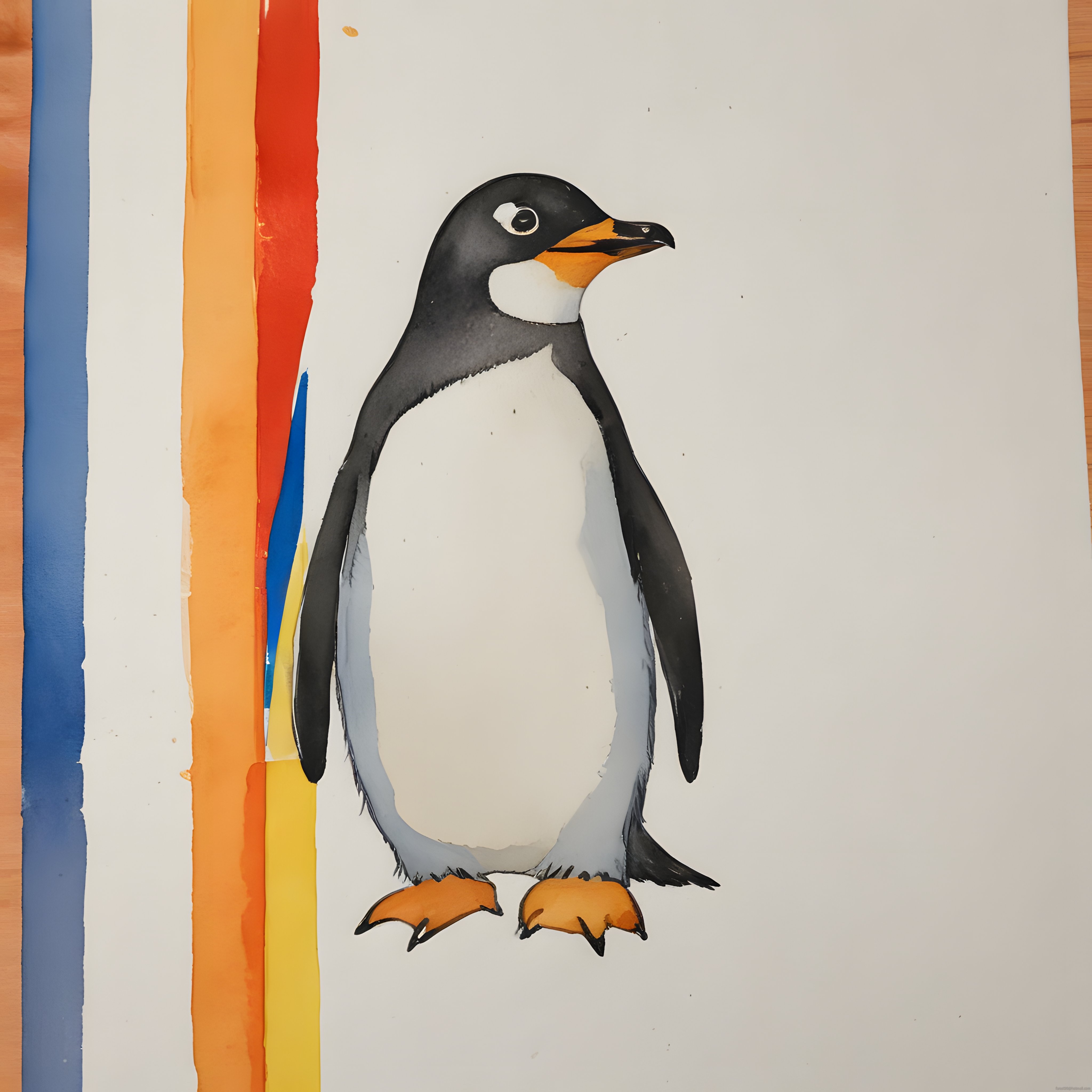 Ahşap Zeminde Duran Suluboya Penguen Tablosu ve Canlı Renk Şeritleri