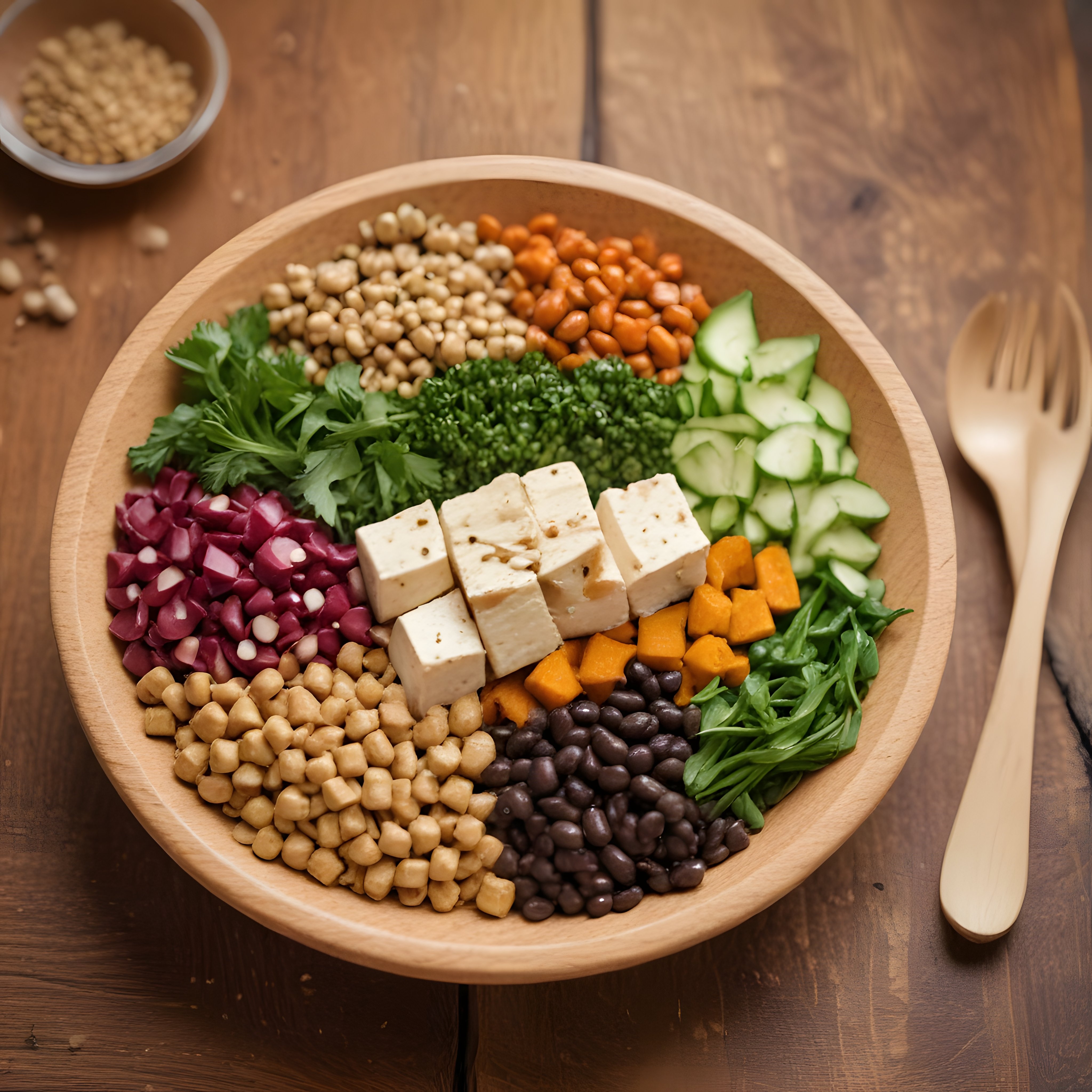 Ahşap Zeminde Gökkuşağı Vegan Bowl: Protein Dolu Sağlıklı Beslenme Kasesi