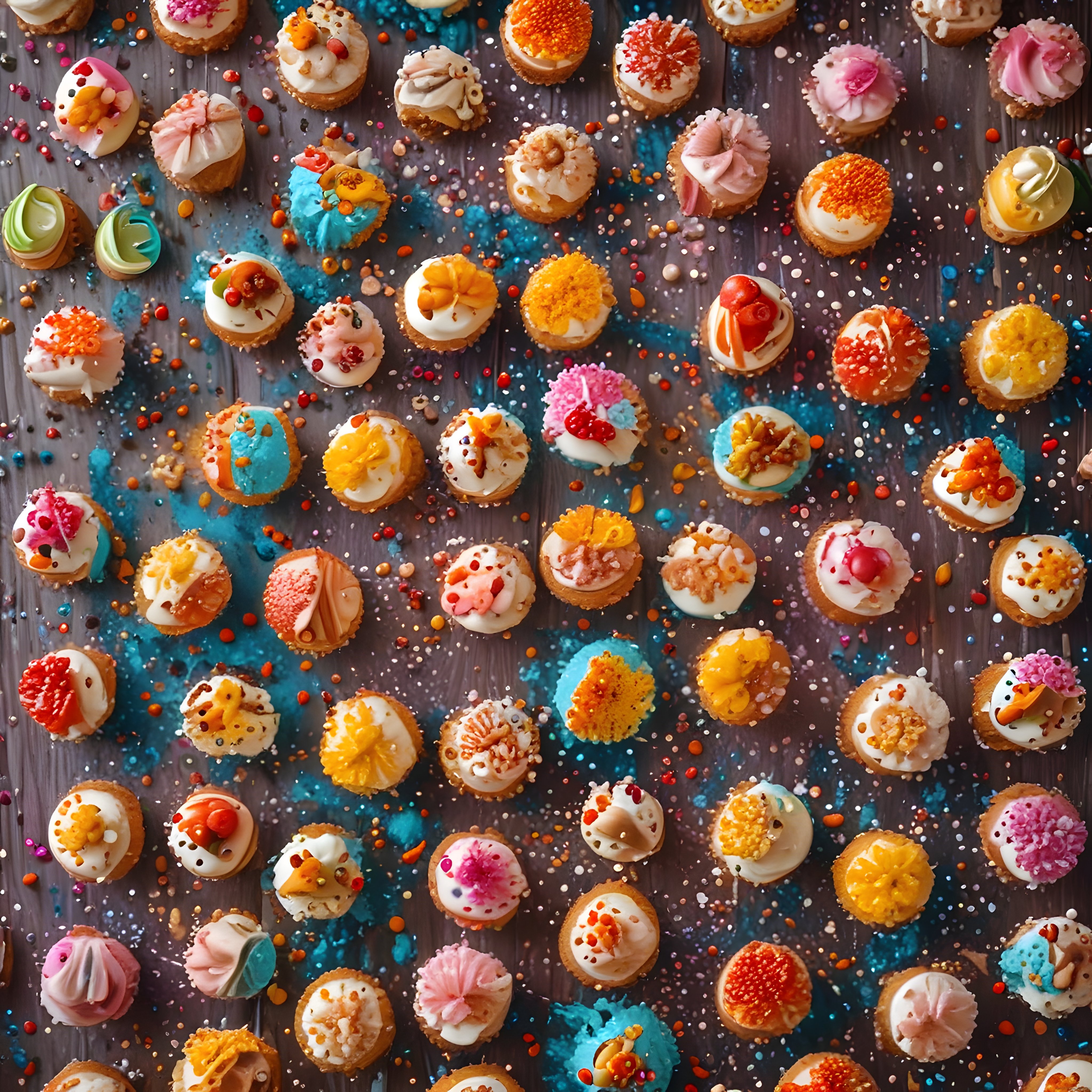 Ahşap Zeminde Göz Kamaştıran Renkli Mini Tatlı ve Cupcake Çeşitleri