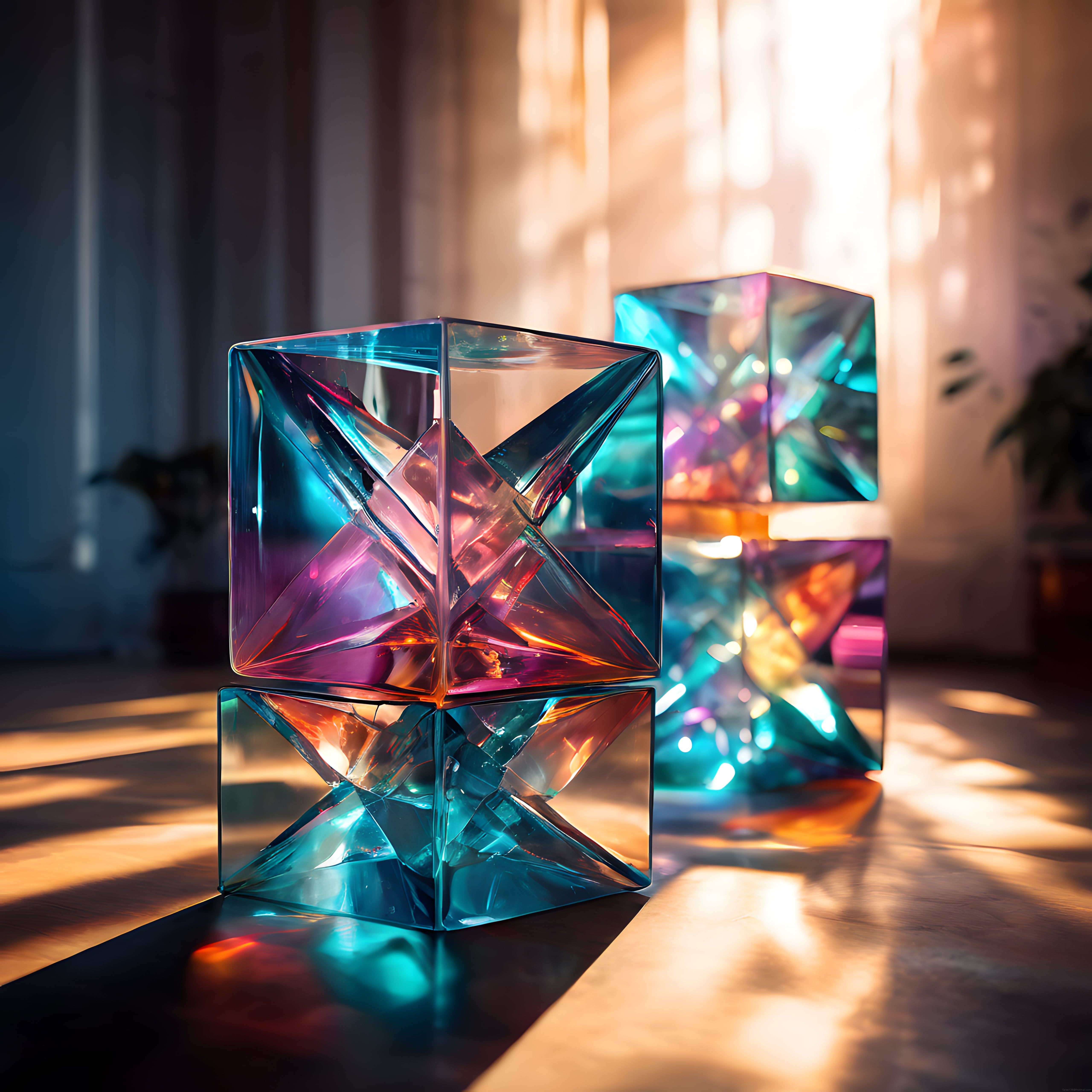 Ahşap Zeminde Gün Işığıyla Aydınlanan Gökkuşağı Kristal Küp ve Modern Sanat