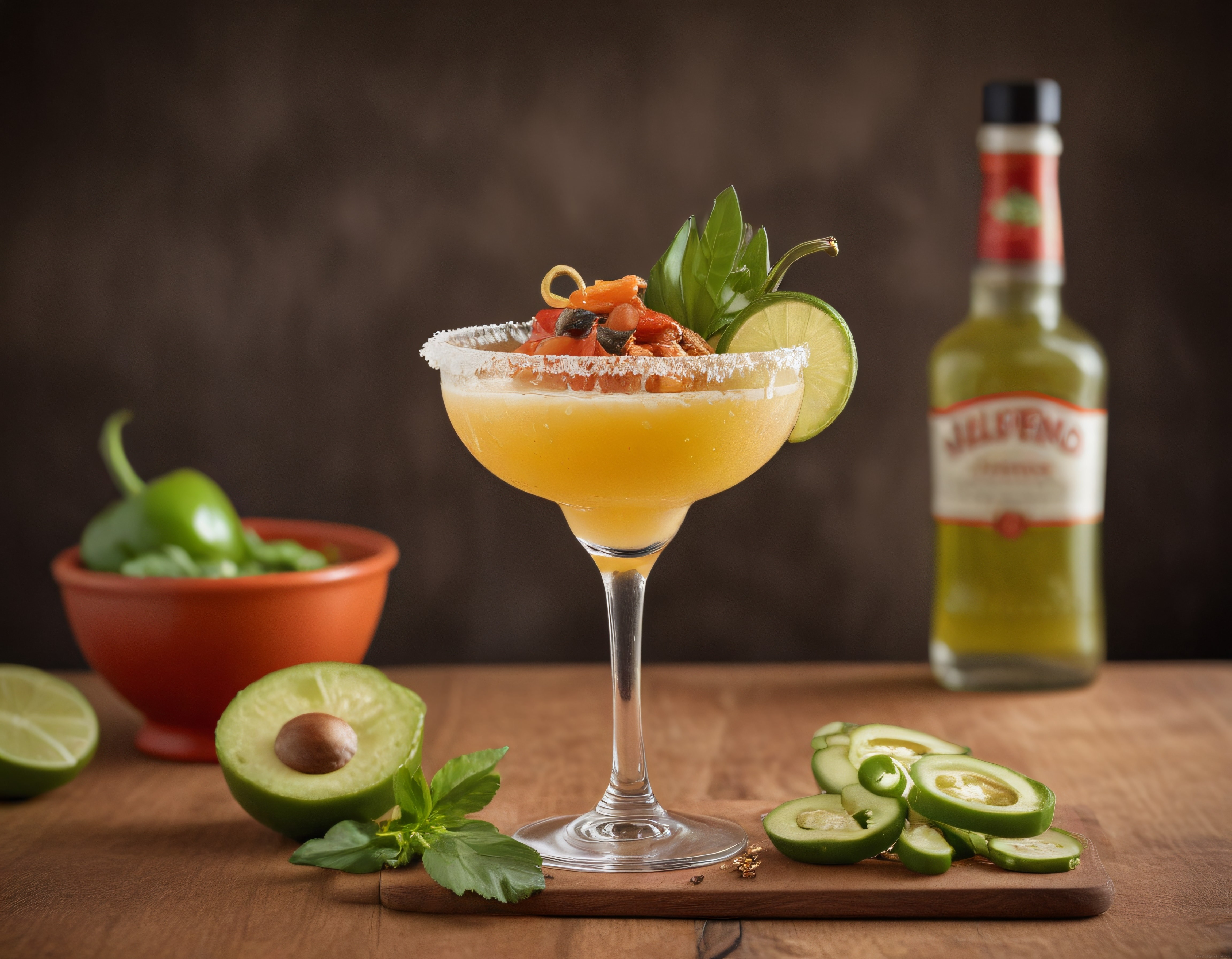 Ahşap Zeminde Jalapeno Baharatlı Margarita ve Avokado Eşliği