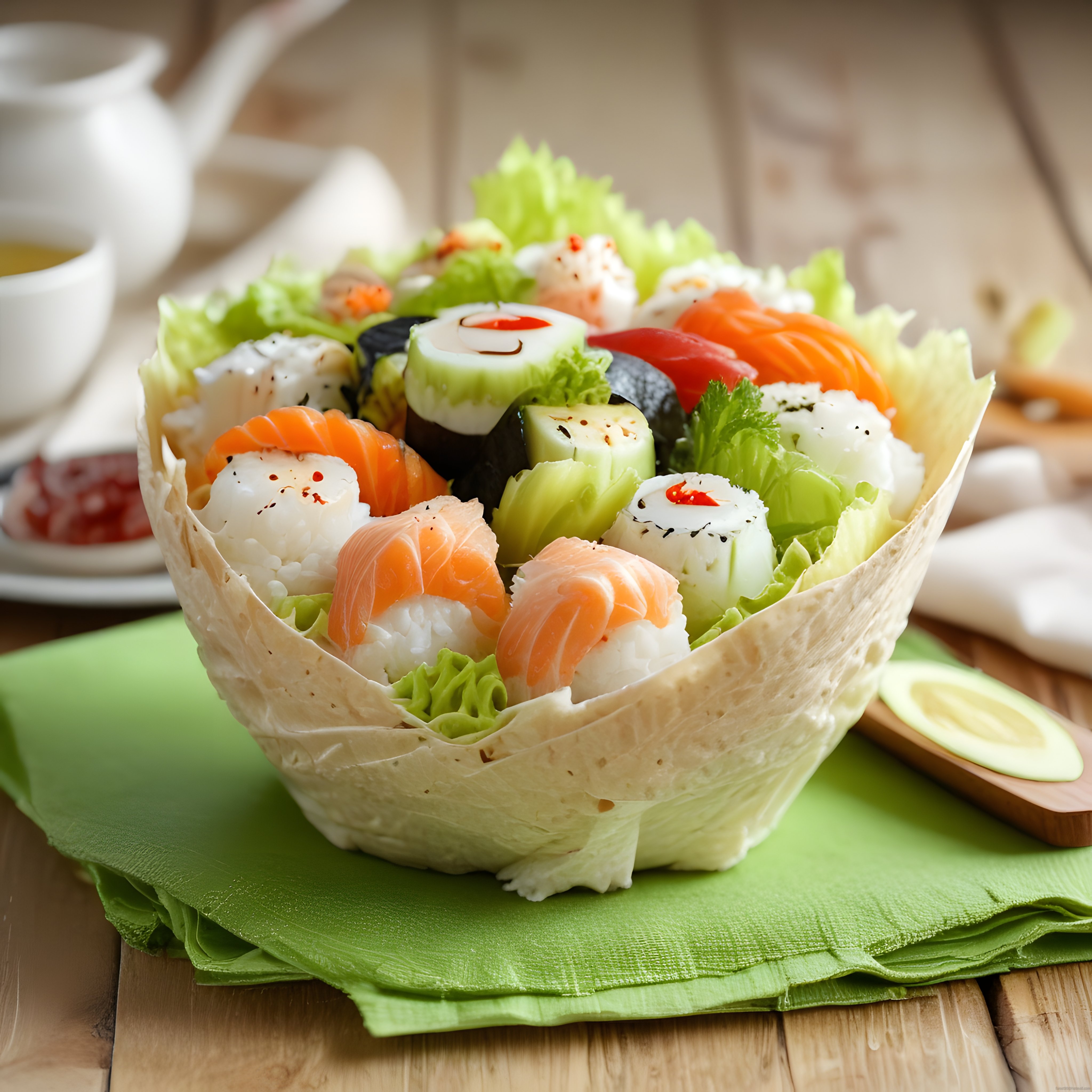 Ahşap Zeminde Lavash Kasede Renkli Sushi Çeşitleri ile Japon Sunumu
