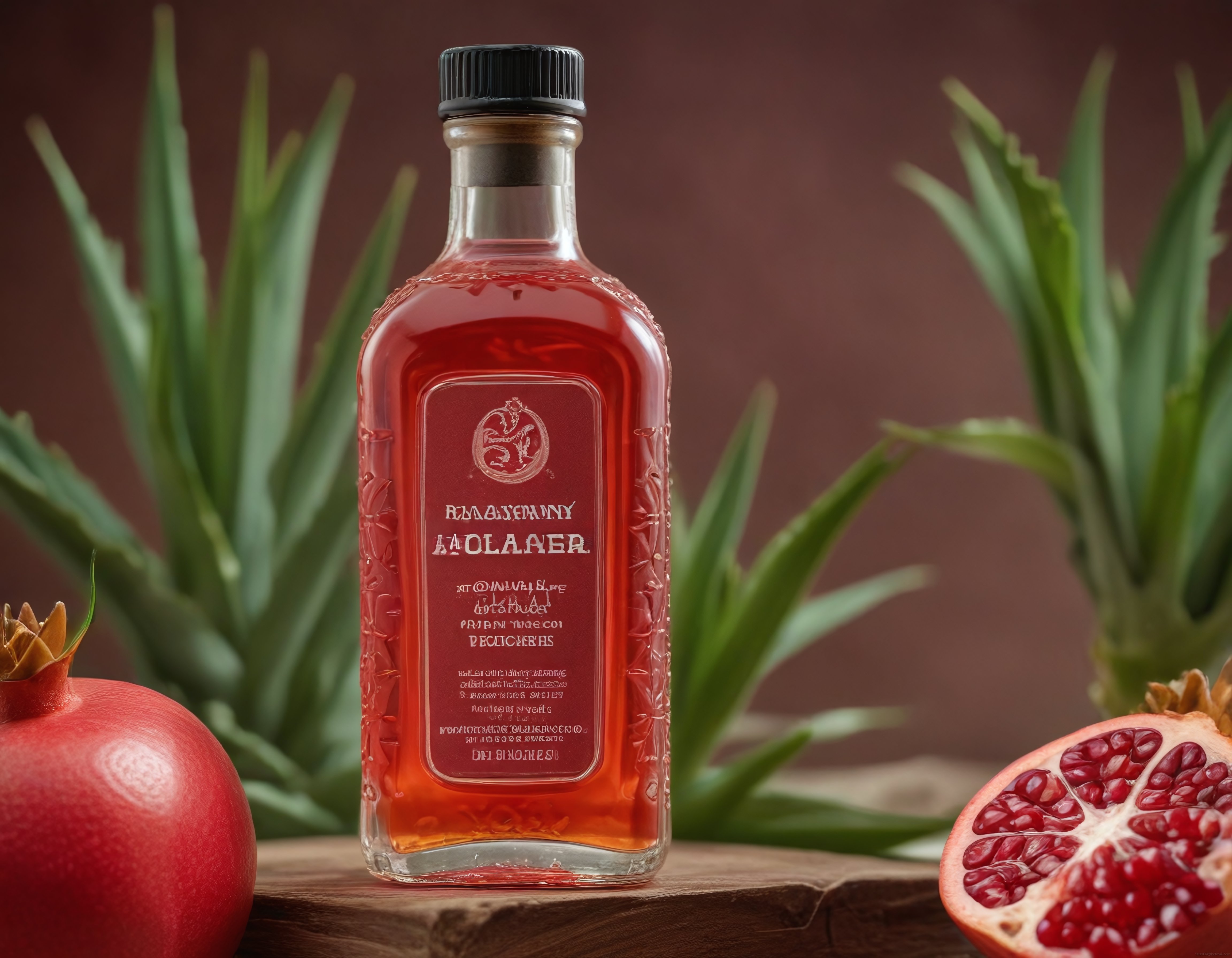 Ahşap zeminde nar aromalı içecek şişesi ve taze nar süslemesi
