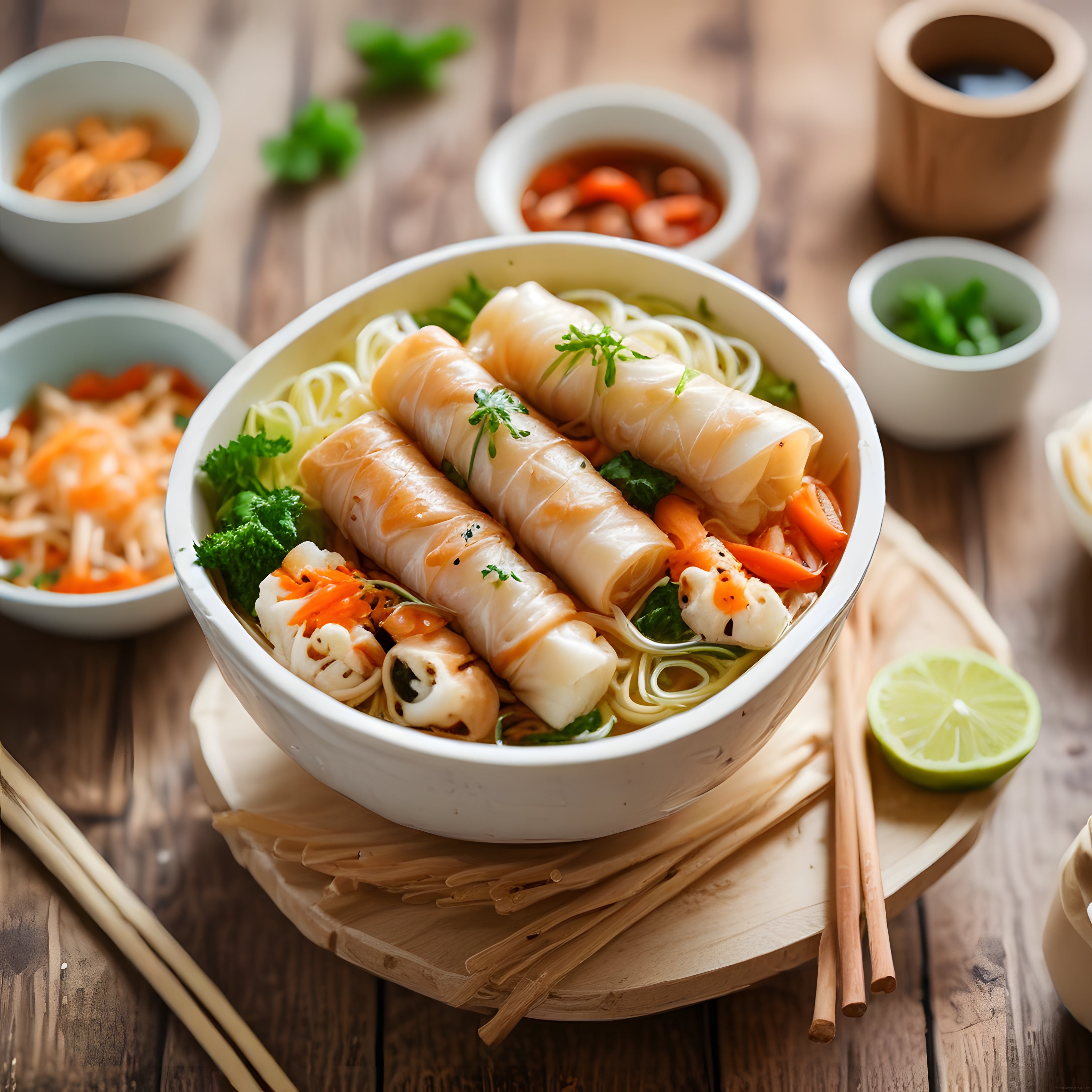 Ahşap Zeminde Sunulan Şeffaf Rulolu ve Sebzeli Asya Usulü Noodle Kasesi