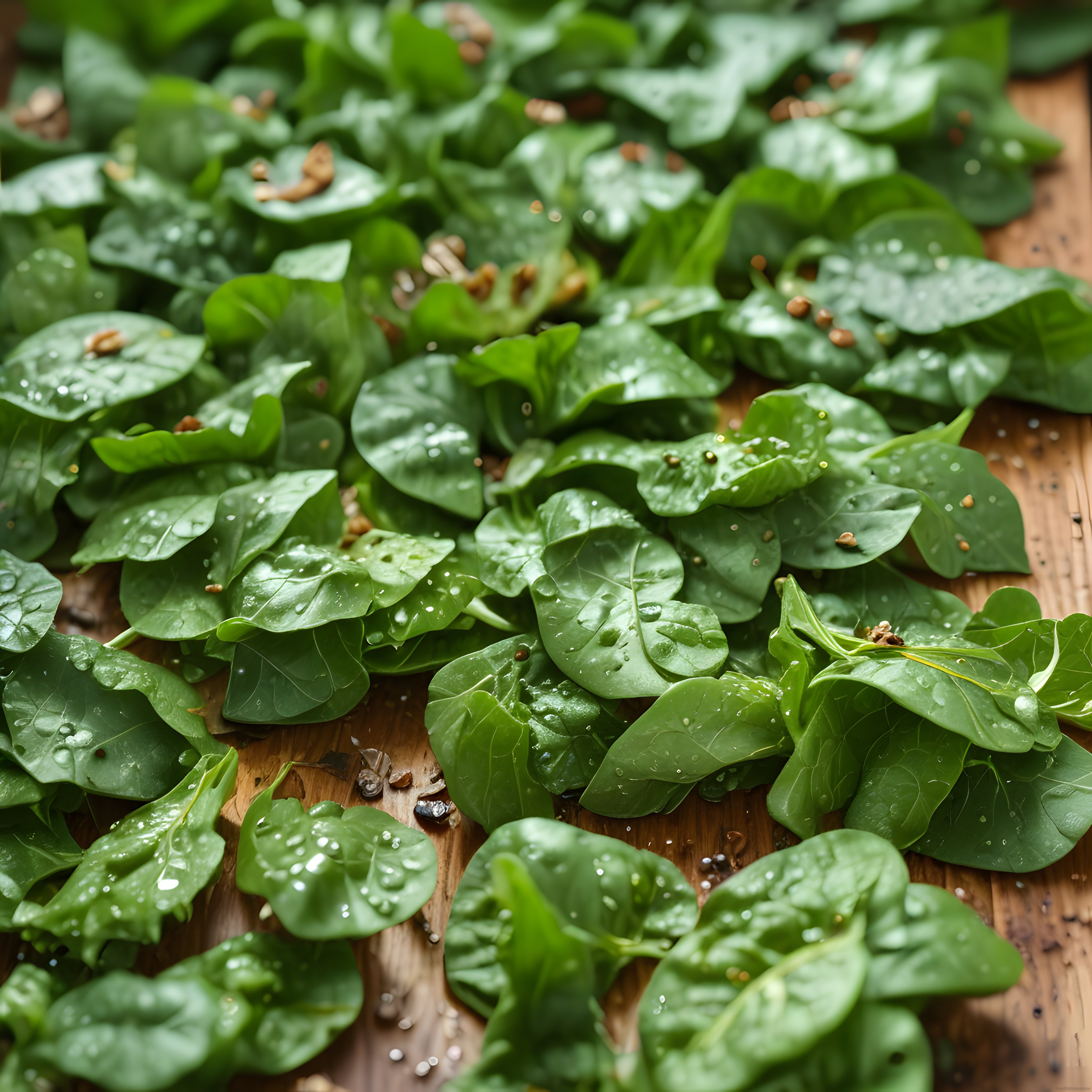 Ahşap Zeminde Taze Ispanak Yaprakları ve Doğal Tohumlarla Vegan Beslenme