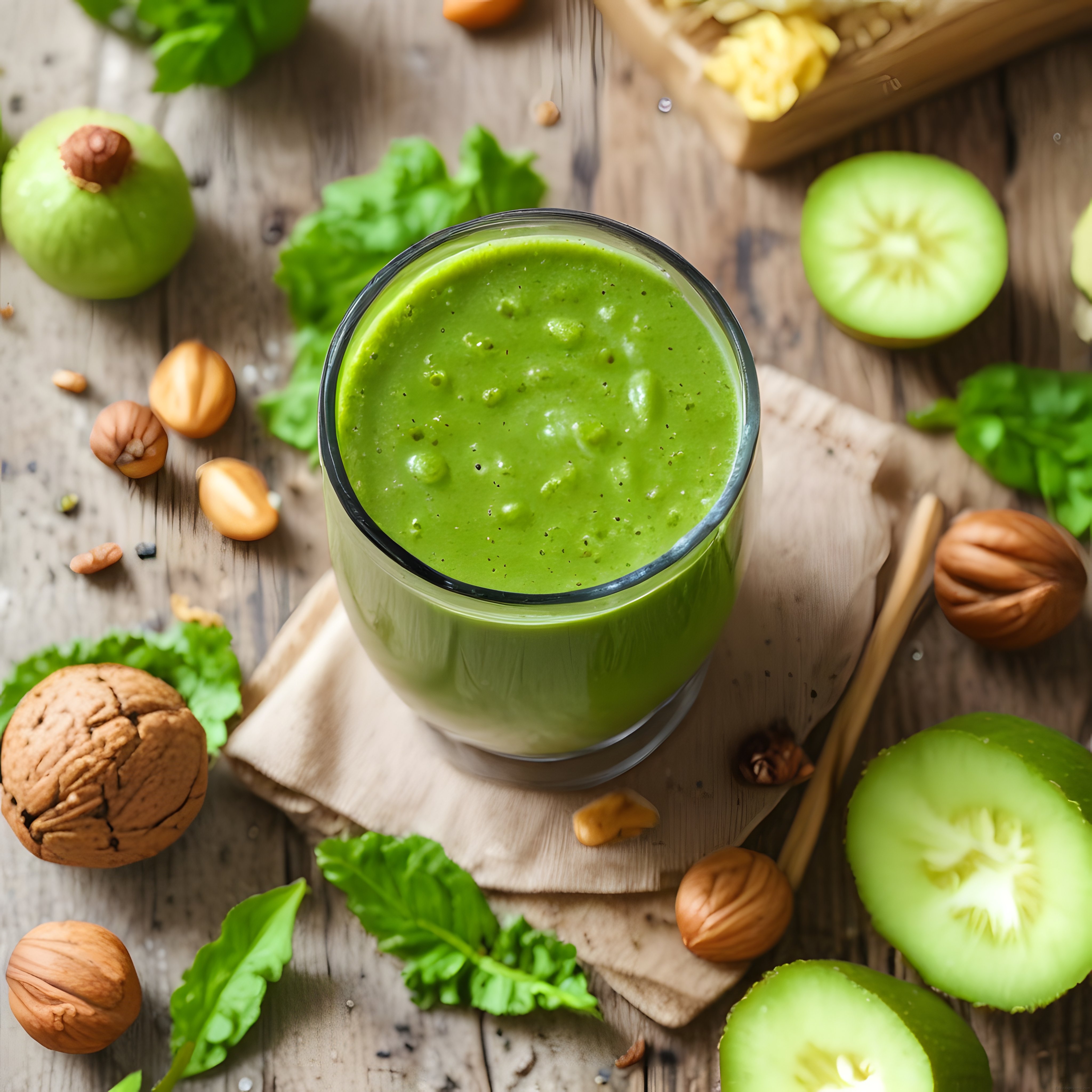Ahşap Zeminde Taze Yeşil Smoothie ile Sağlıklı ve Besleyici Detoks İçeceği