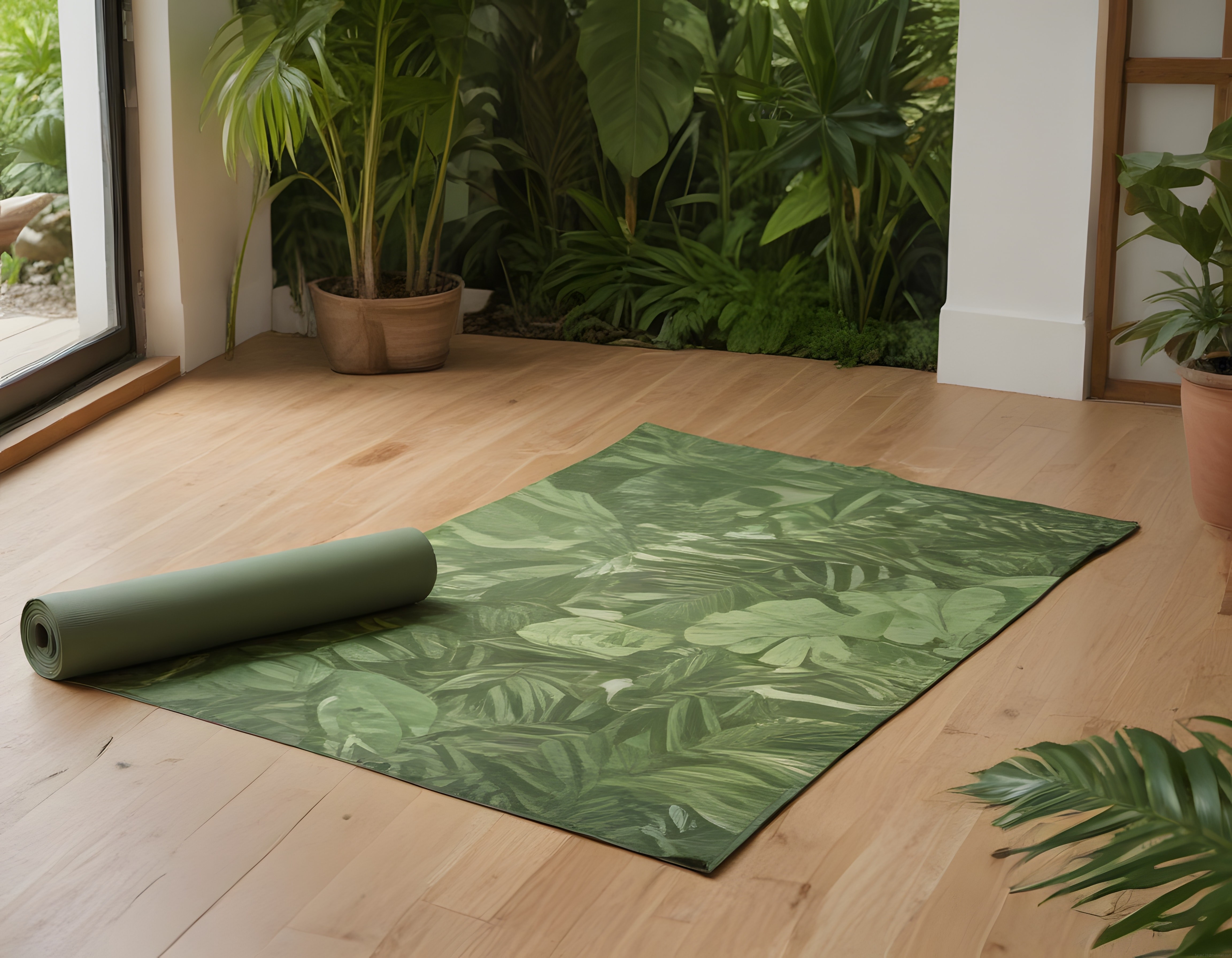 Ahşap zeminde tropikal yaprak desenli yeşil yoga matı ve salon bitkileri