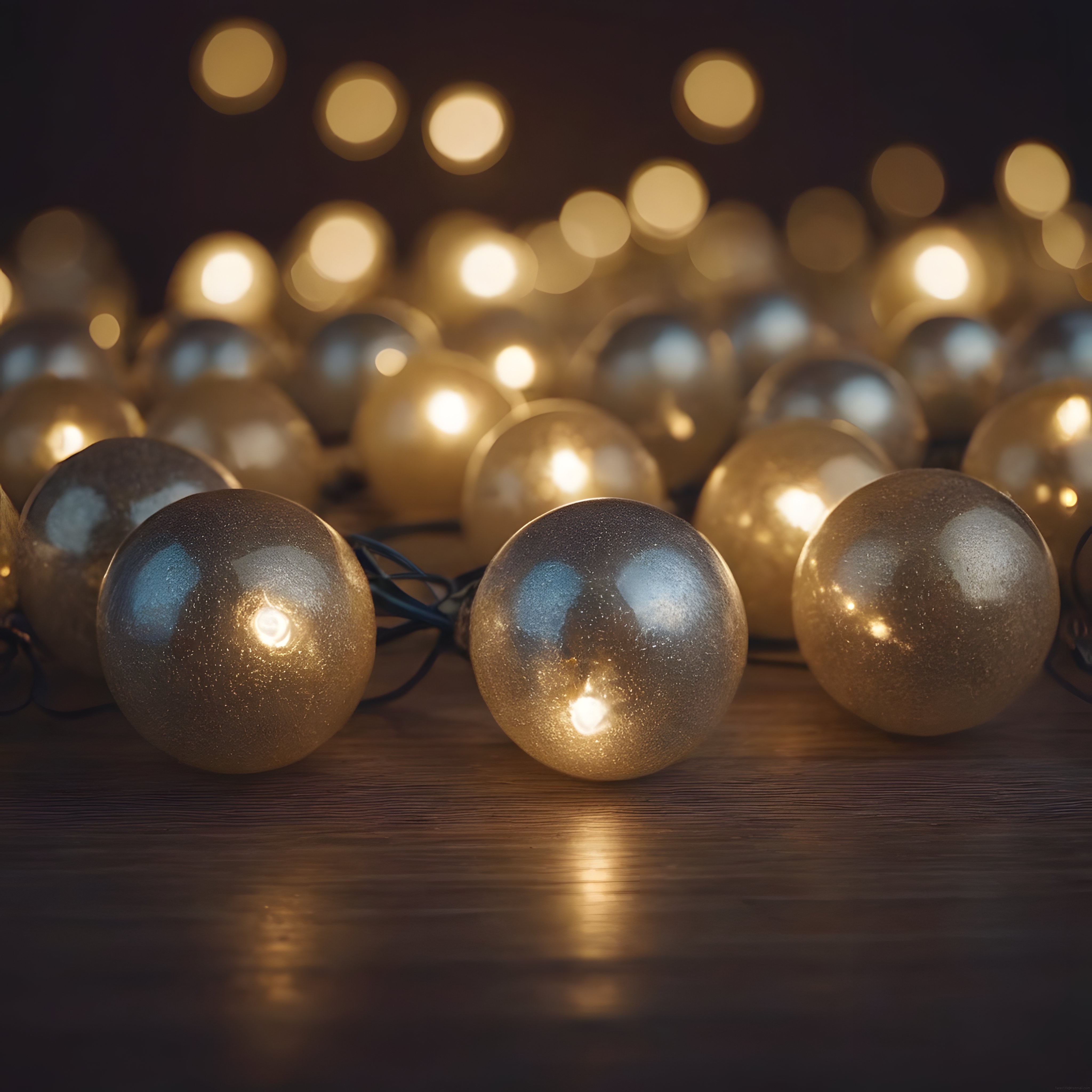 Ahşap Zeminde Yanan Dekoratif Küre Işıkları ve Sıcak Bokeh Arka Plan