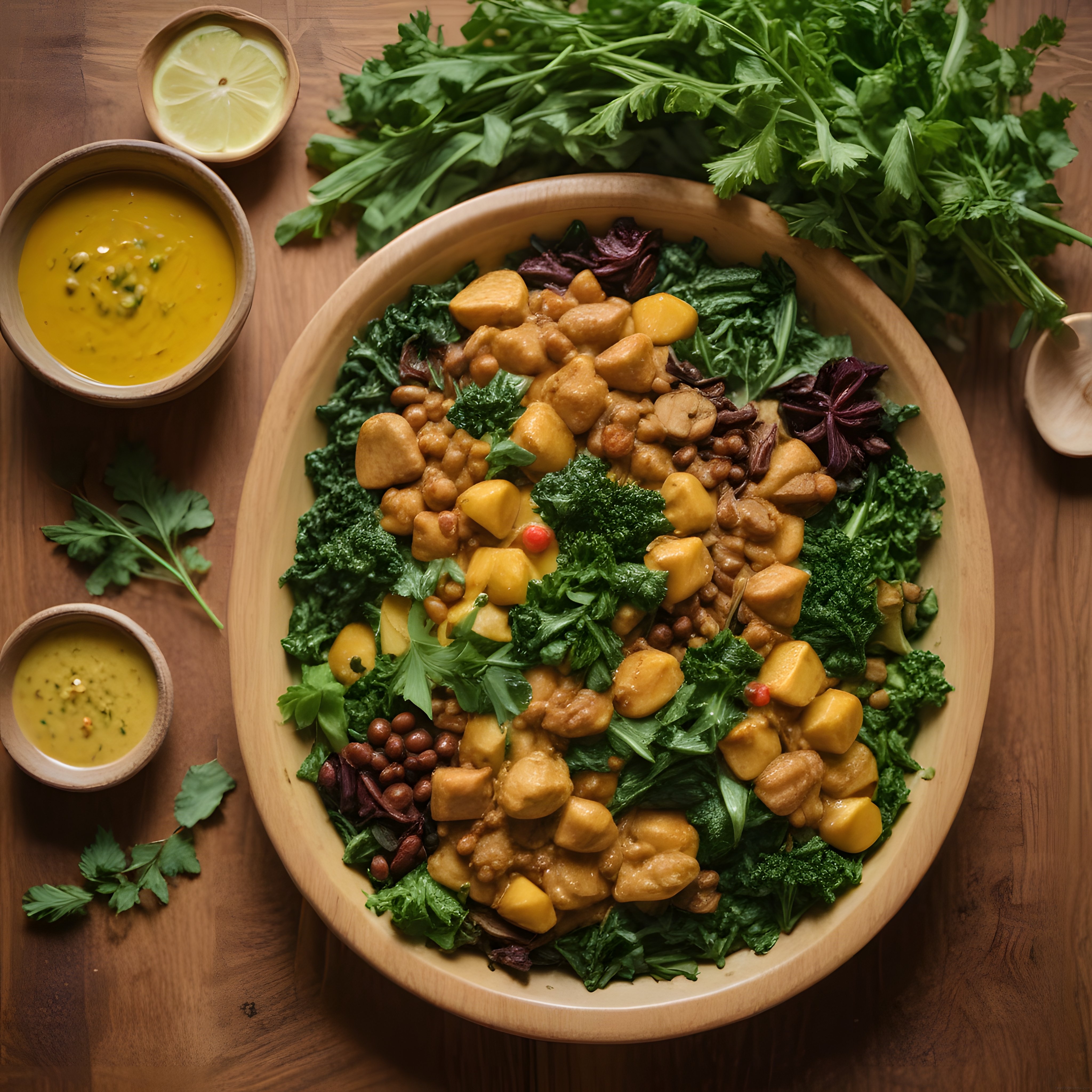 Ahşapta Nohutlu Mantarlı Vegan Buddha Kase ve Sarımsaklı Soslar