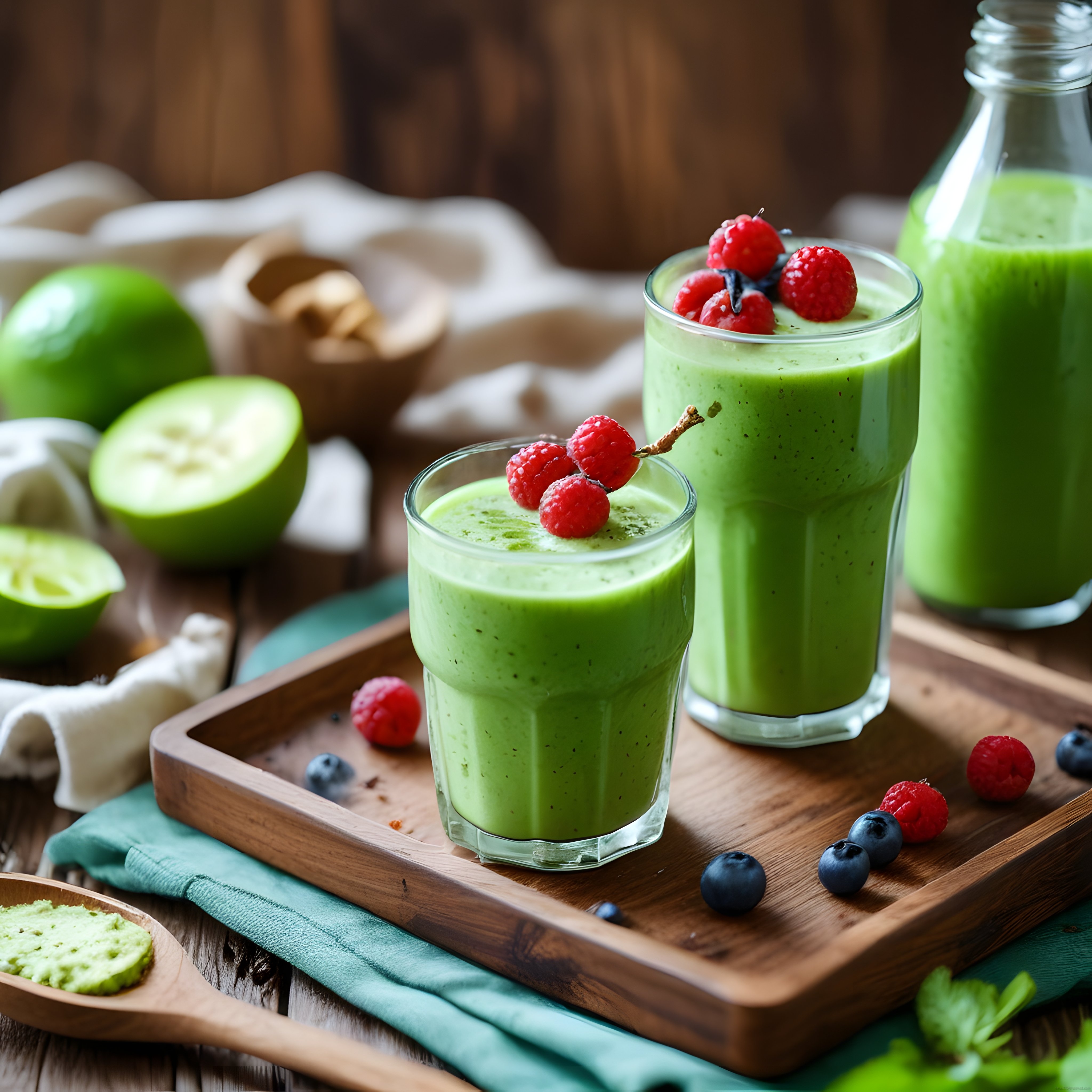 Ahududu ve Yaban Mersini ile Süslenmiş Ev Yapımı Yeşil Avokado Smoothie