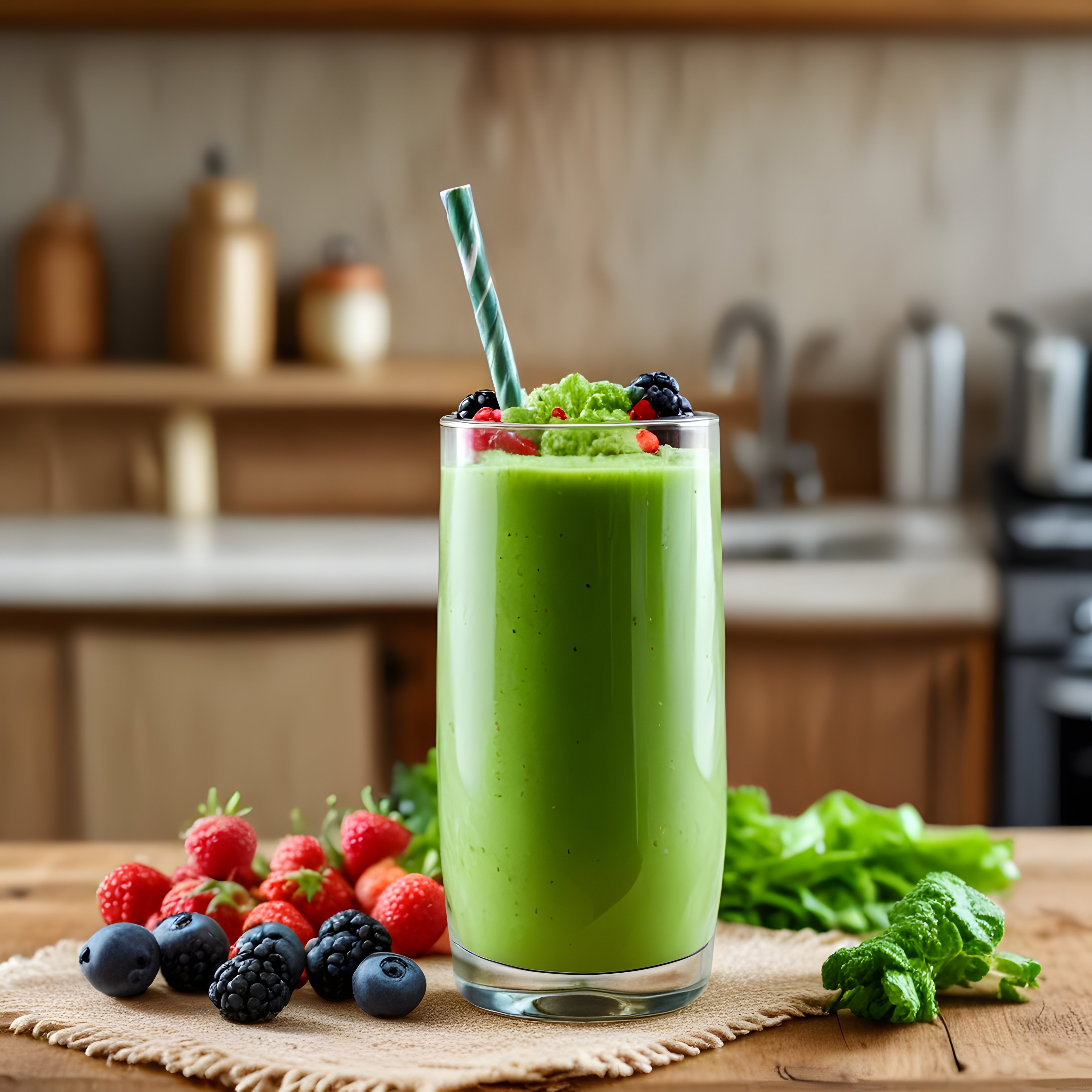 Ahududu ve Yaban Mersini ile Süslenmiş Ev Yapımı Yeşil Detoks Smoothie