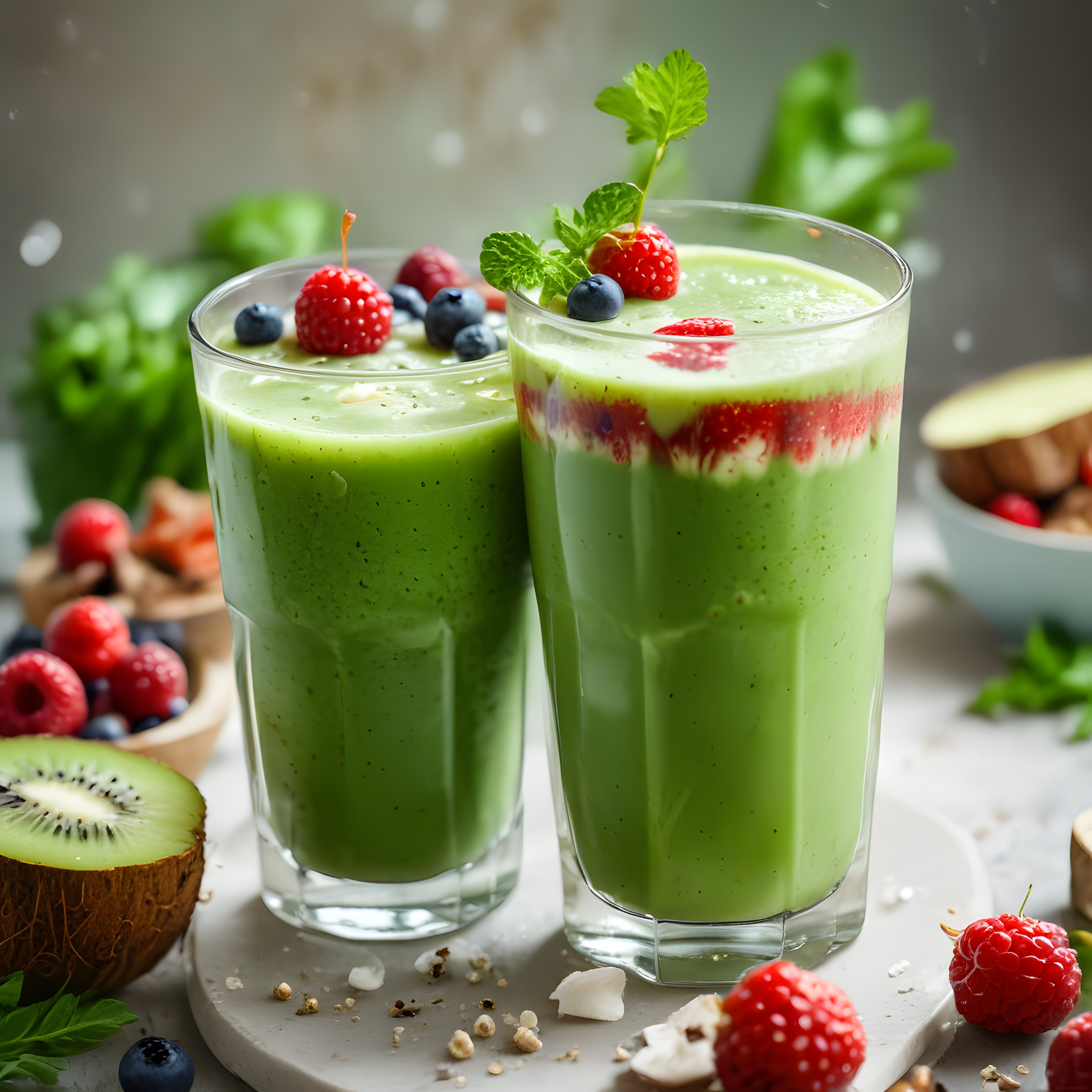 Ahududu ve Yaban Mersini Süslemeli Ferahlatıcı Yeşil Smoothie Tarifi