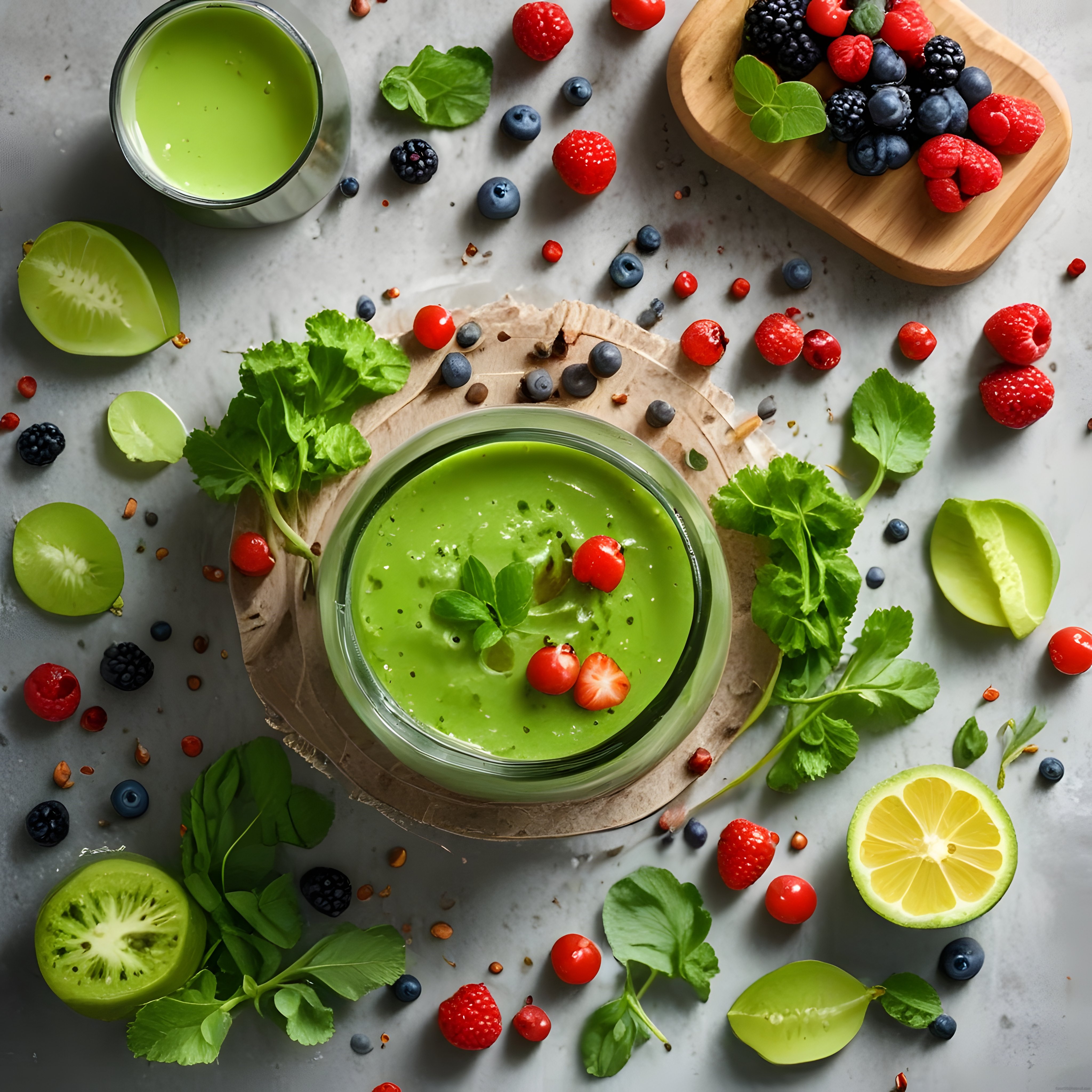 Ahududulu Böğürtlenli Yeşil Smoothie Bowl ve Taze Meyveli Sağlıklı Kahvaltı