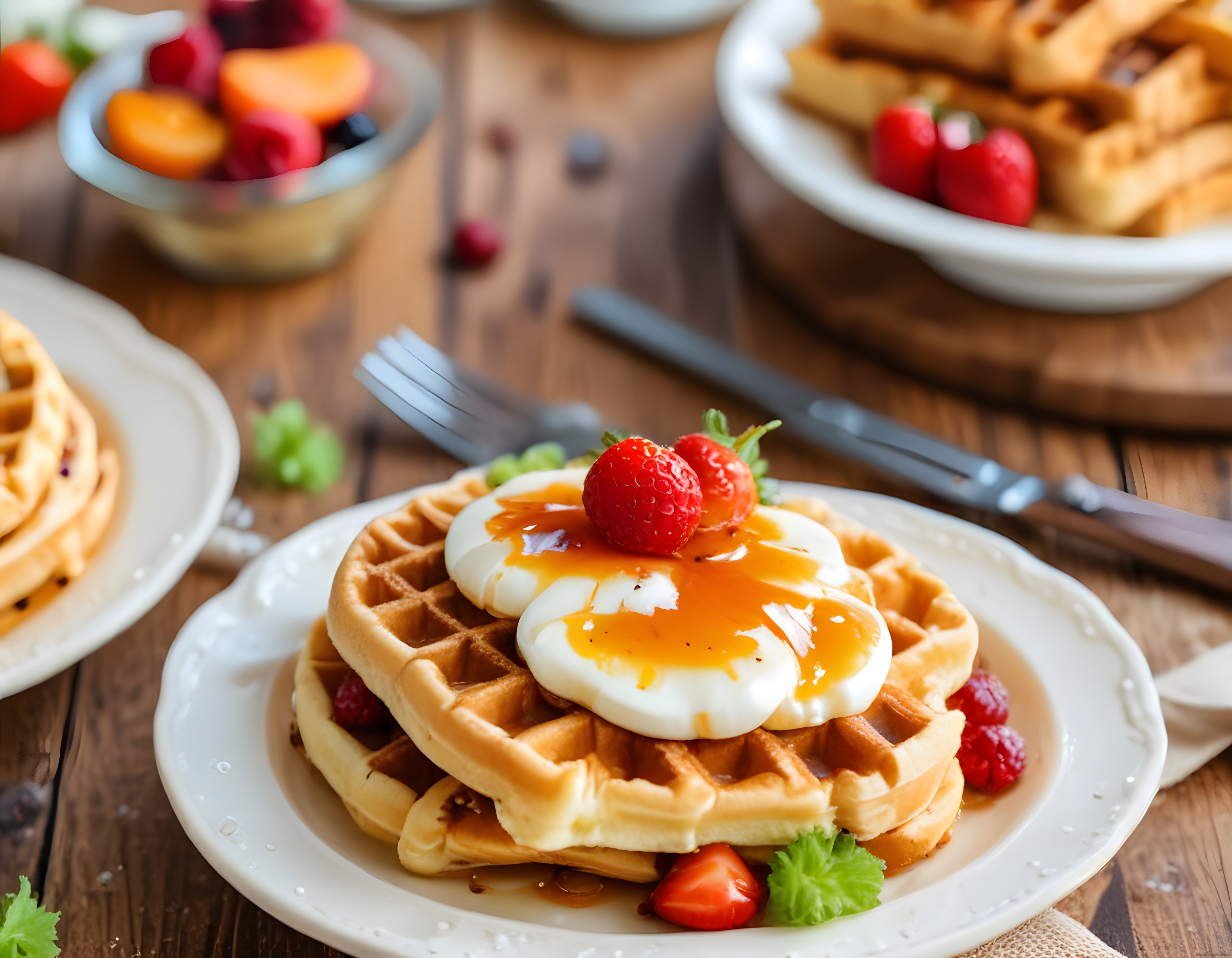 Ahududulu ve Çilekli Waffle Üzerinde Karamel Şurubu ile Kahvaltı Keyfi
