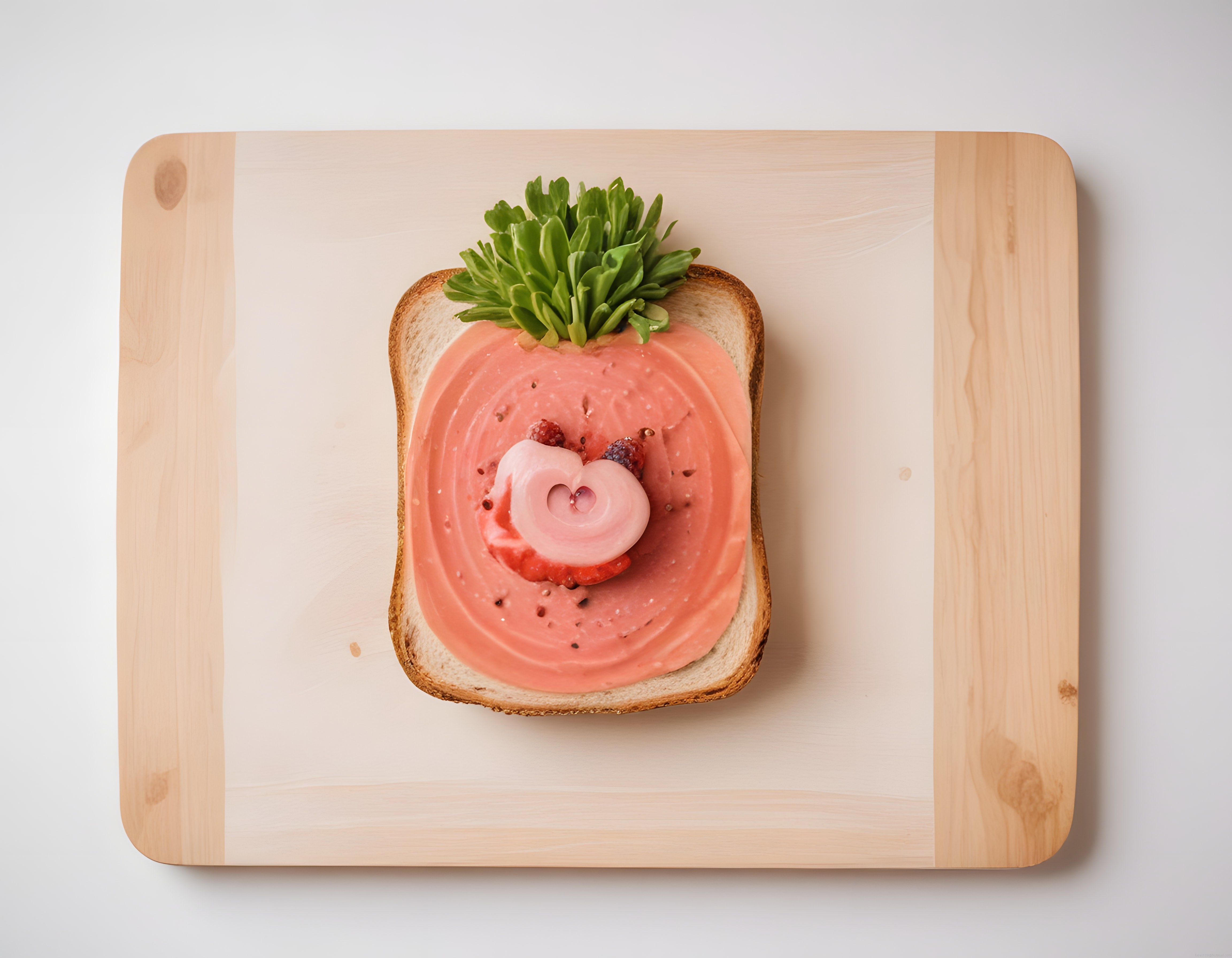 Ahududulu ve kalpli süslemeli pembe kremalı tatlı ekmek dilimi