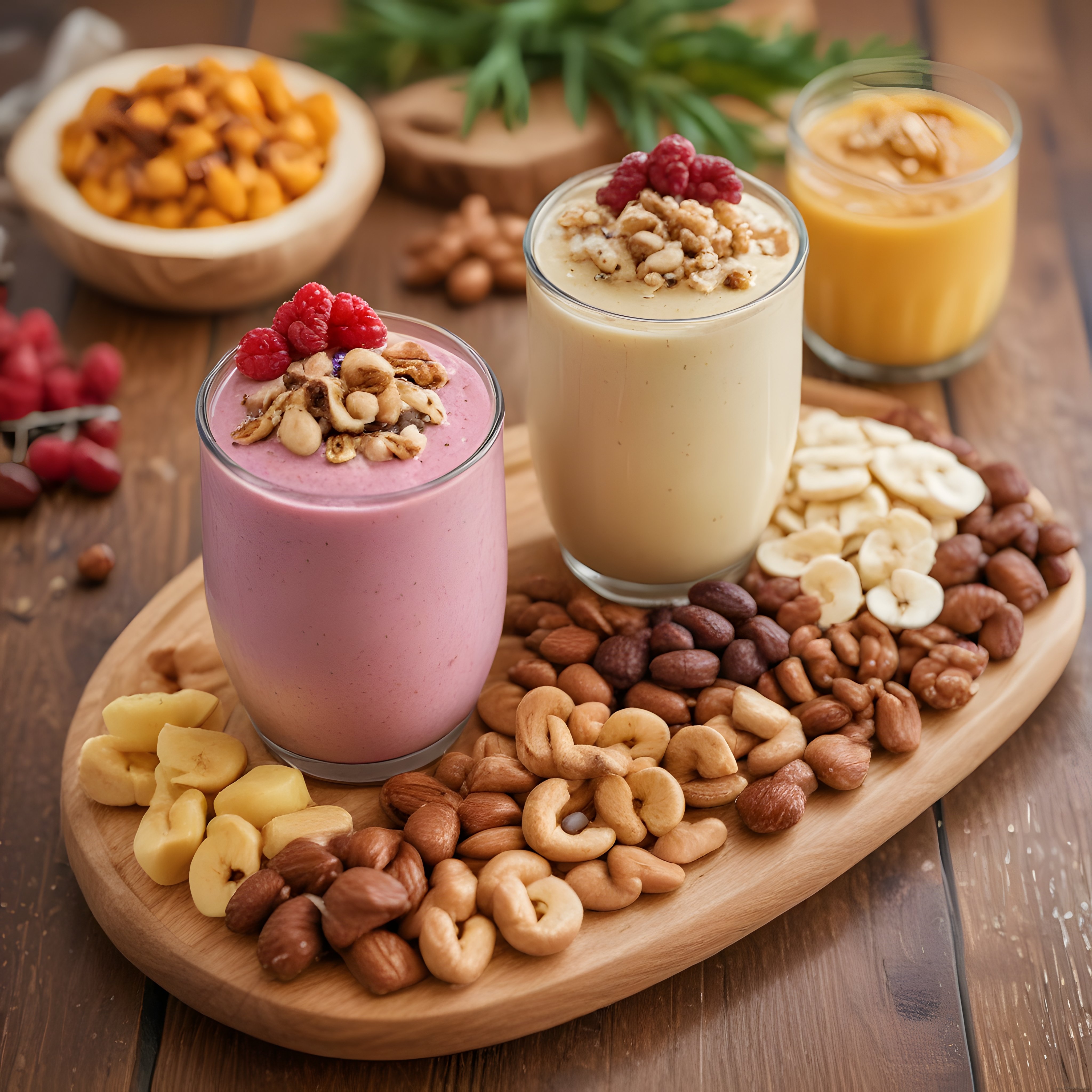 Ahududulu ve Muzlu Smoothie Bardakları ile Kuruyemişli Sağlıklı Kahvaltı Sunumu