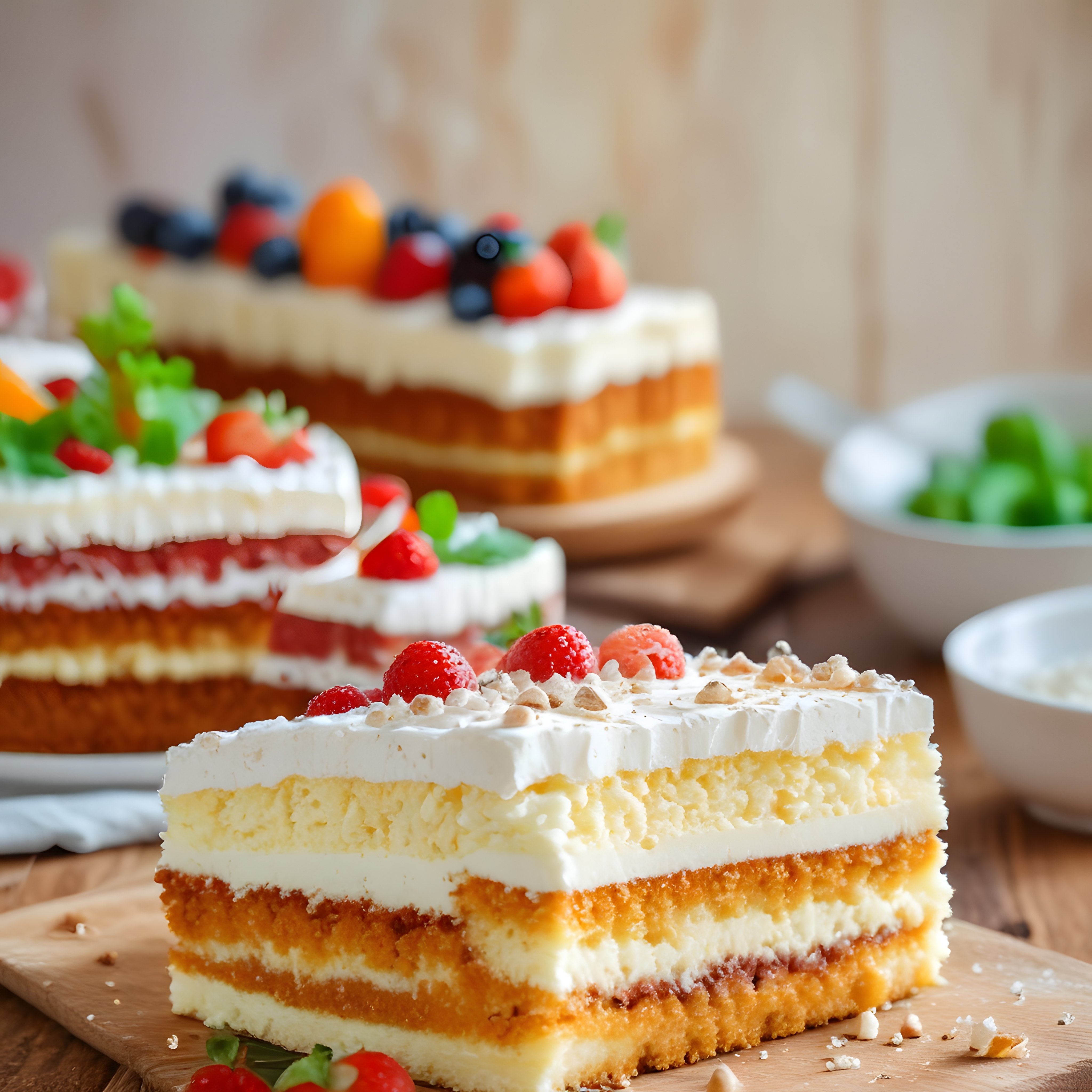 Ahududulu Yabanmersinli Kremalı Katlı Pasta Dilimi ve Tatlı Masası