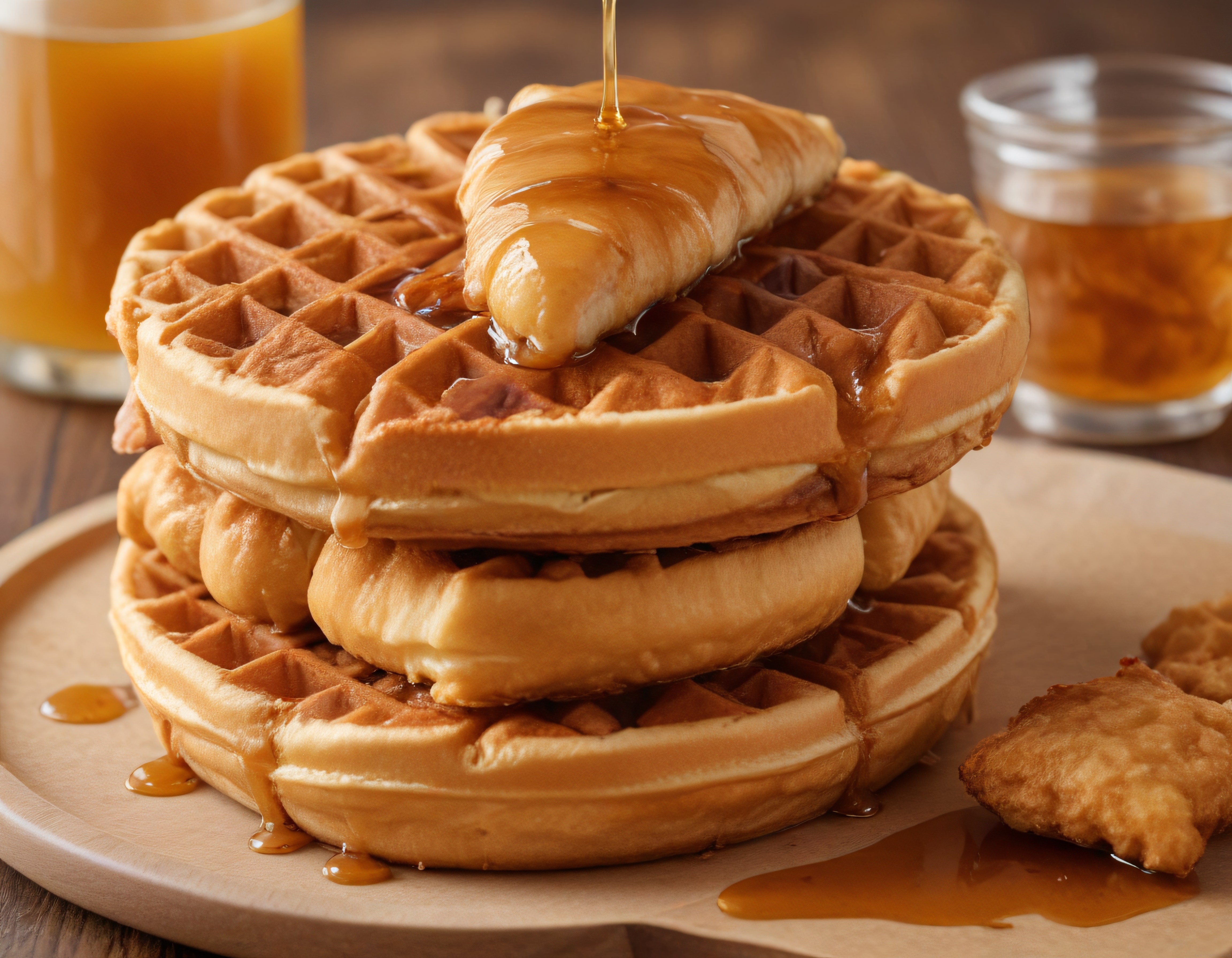 Akçaağaç şurubu dökülen waffle kulesi ve tereyağlı kruvasan sunumu