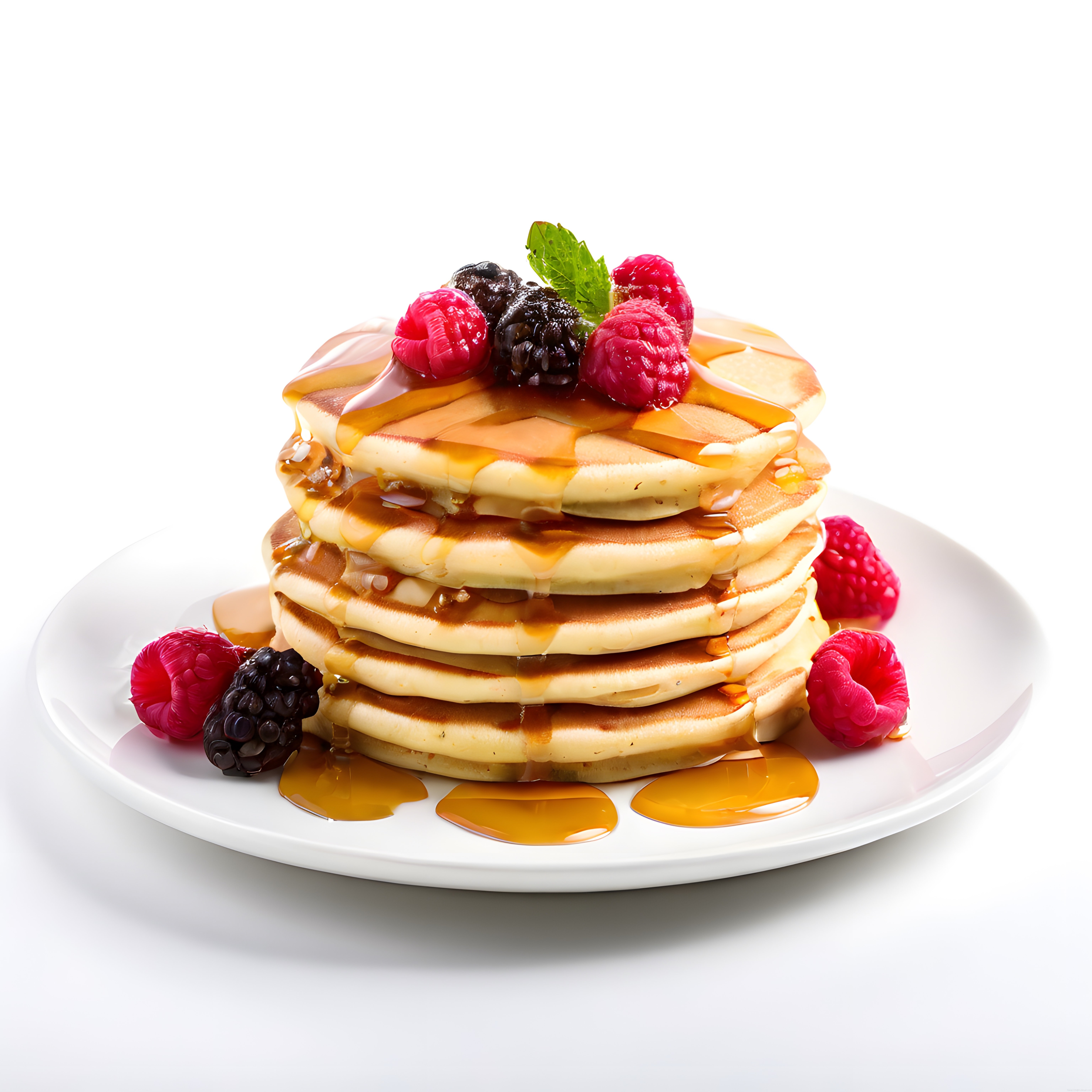 Akçaağaç şurubu ve taze orman meyveleriyle süslenmiş yumuşak pancake kulesi
