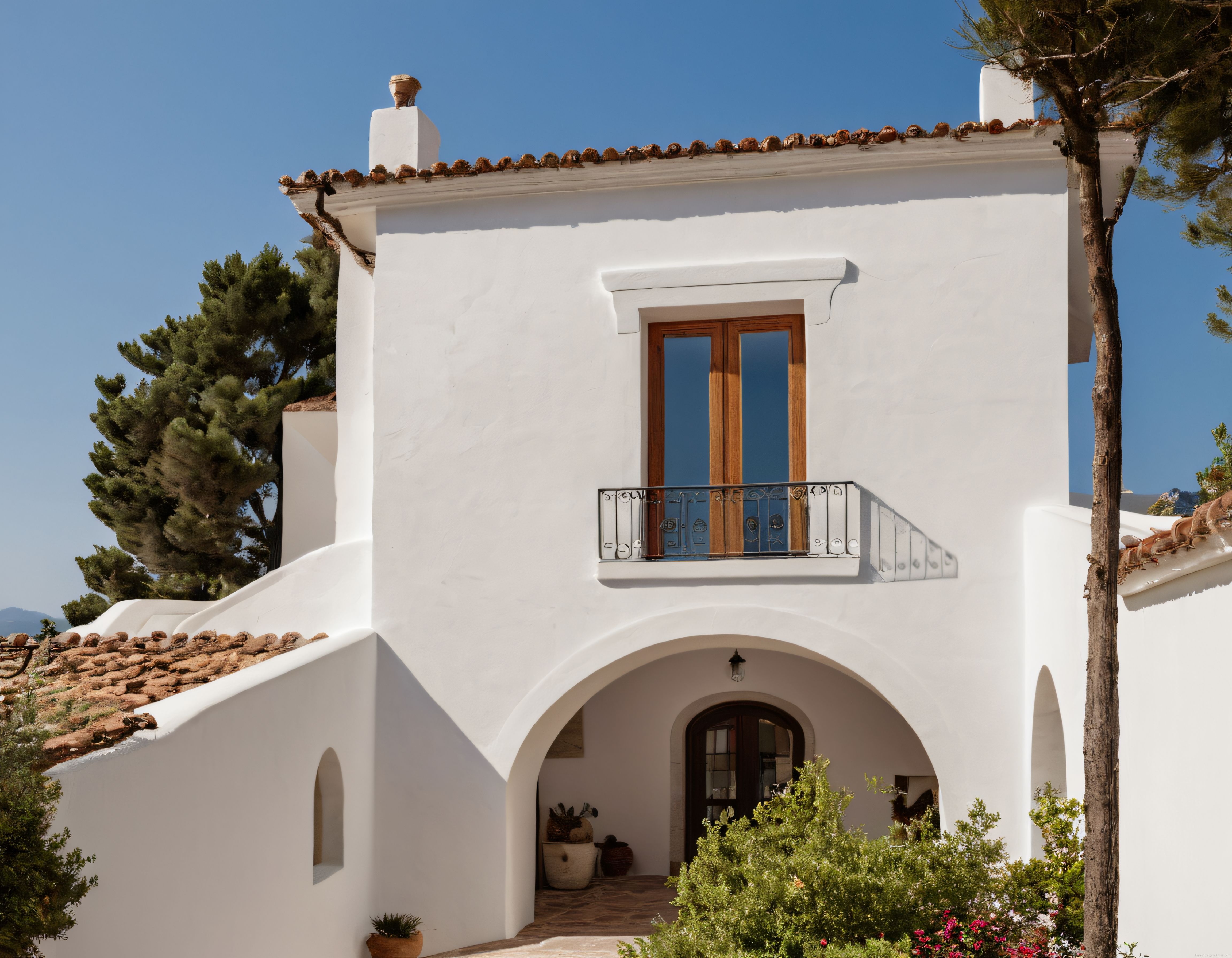Akdeniz Güneşinde Parlayan Beyaz Sıvalı Kiremit Çatılı Taş Villa ve Yeşillikler