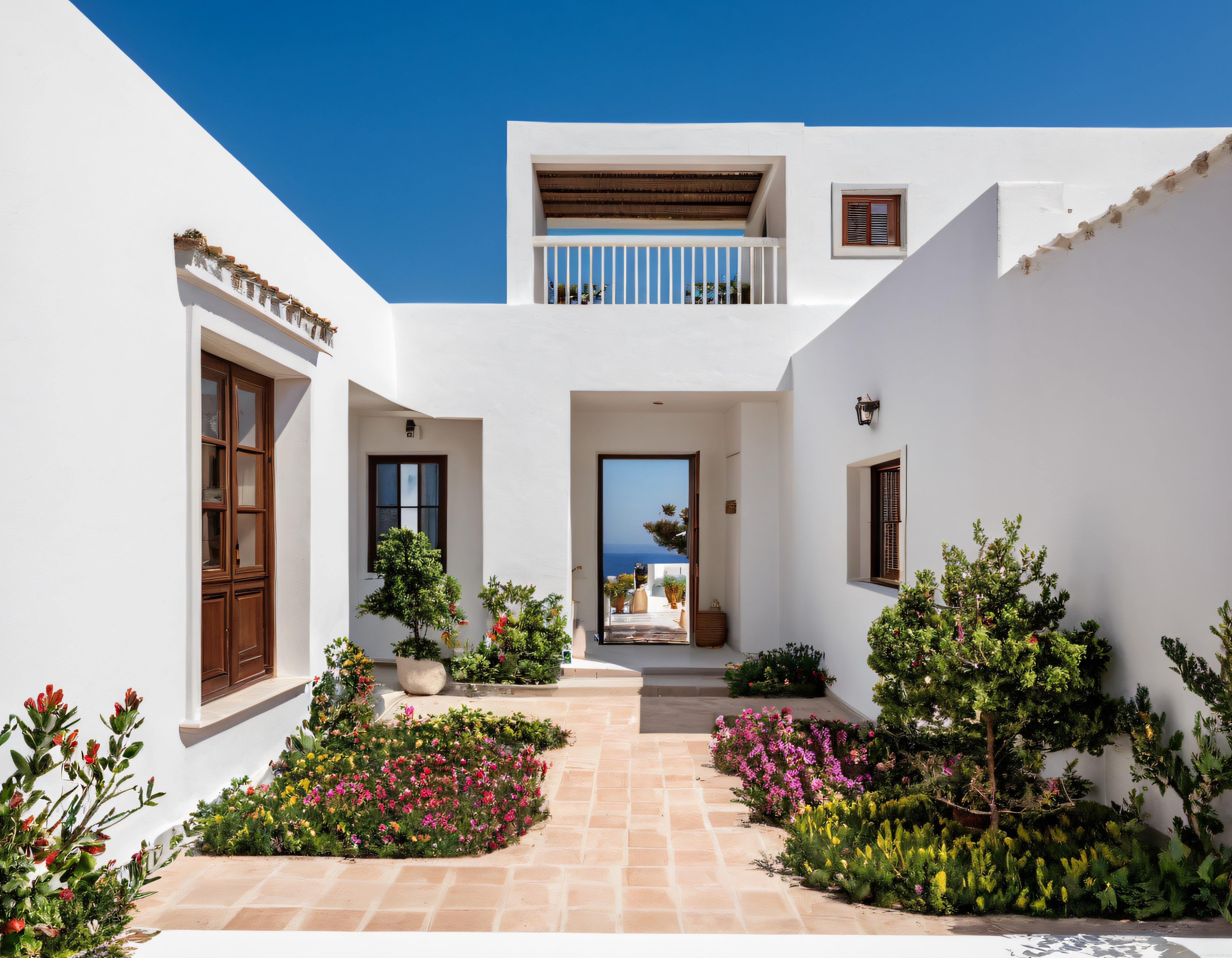 Akdeniz Stili Beyaz Tatil Villası: Çiçekli Avlu ve Deniz Manzarası