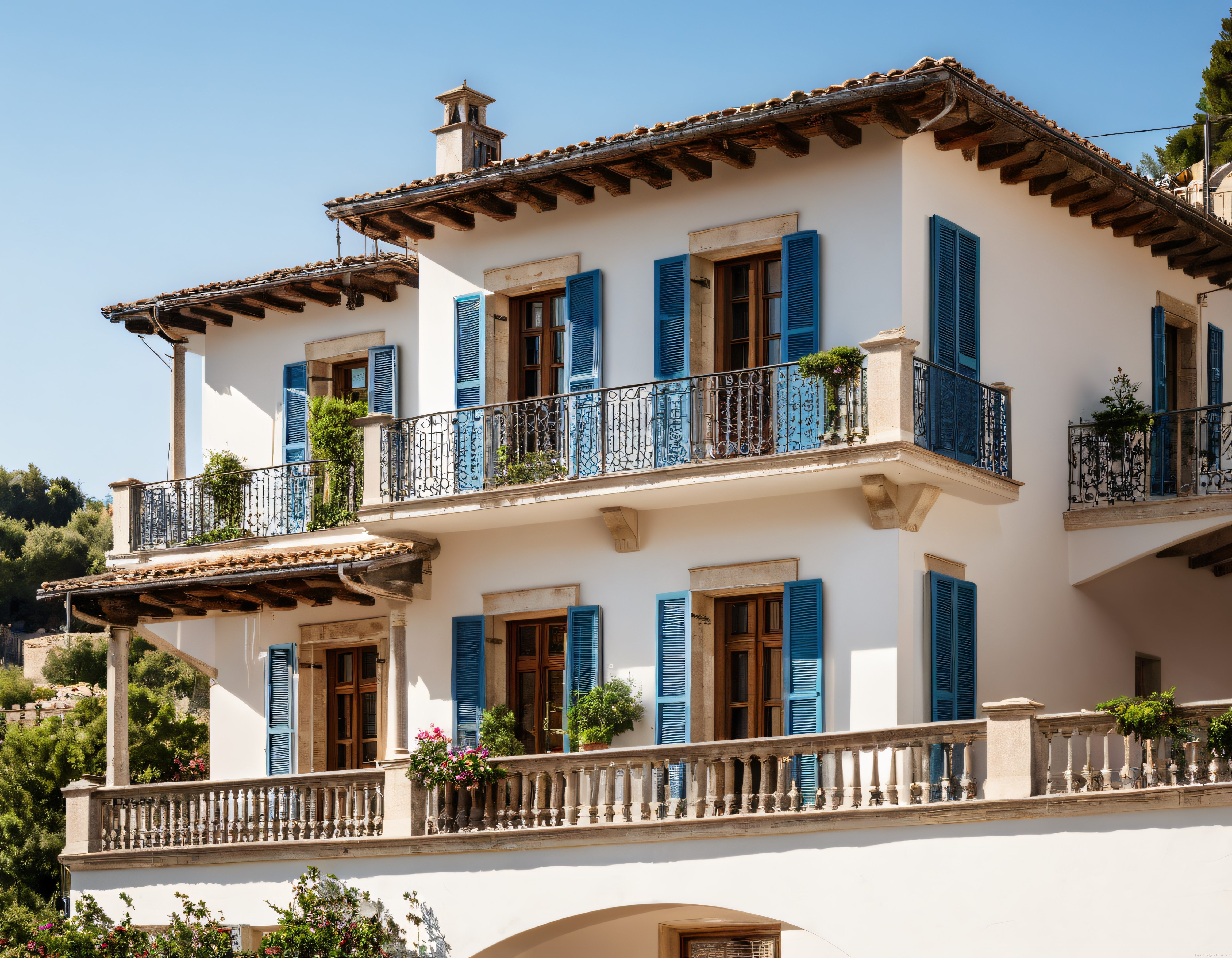 Akdeniz stili beyaz villa, mavi kepenkler ve taş balkon detayları