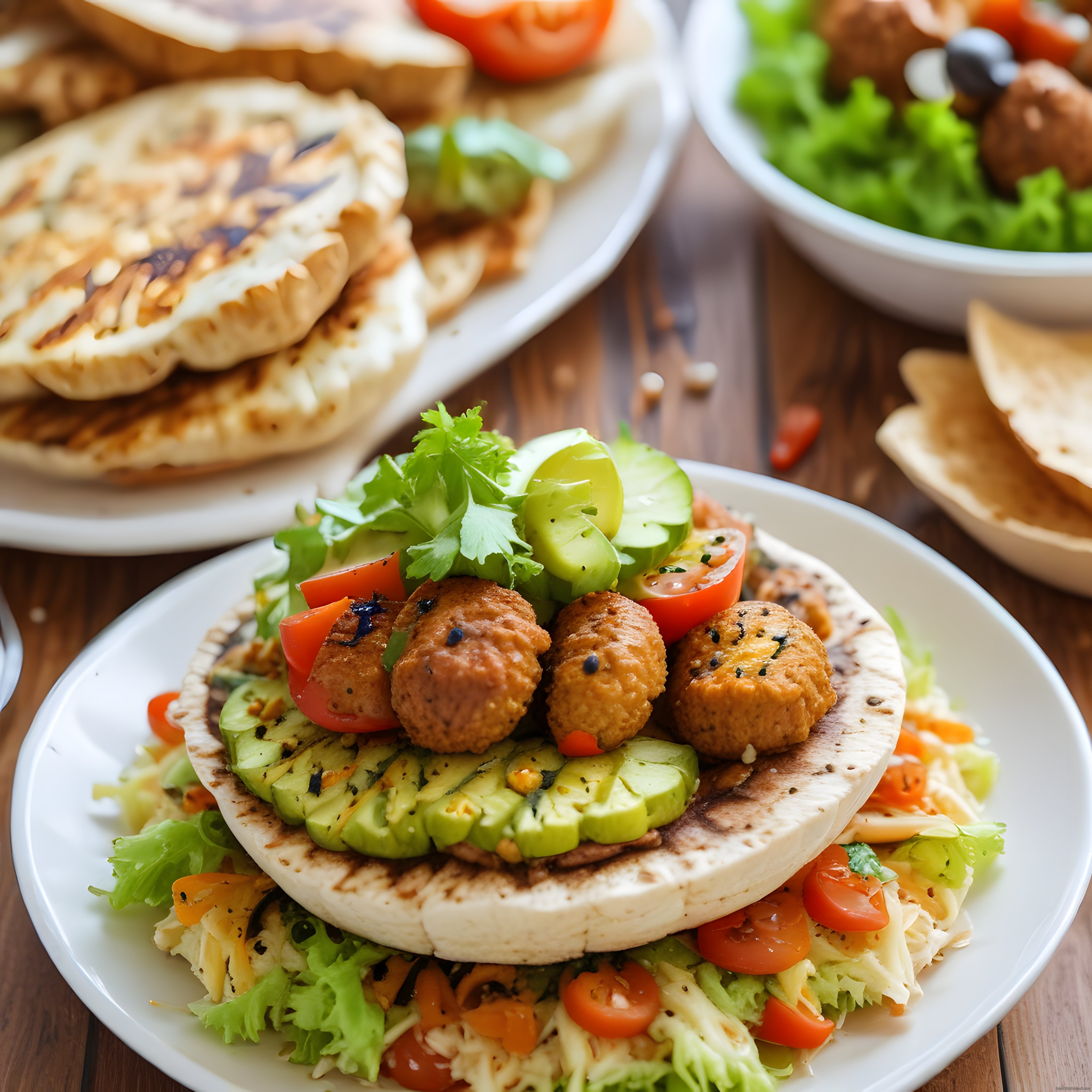 Akdeniz usulü falafel, avokado ve taze sebzelerle zengin wrap sunumu
