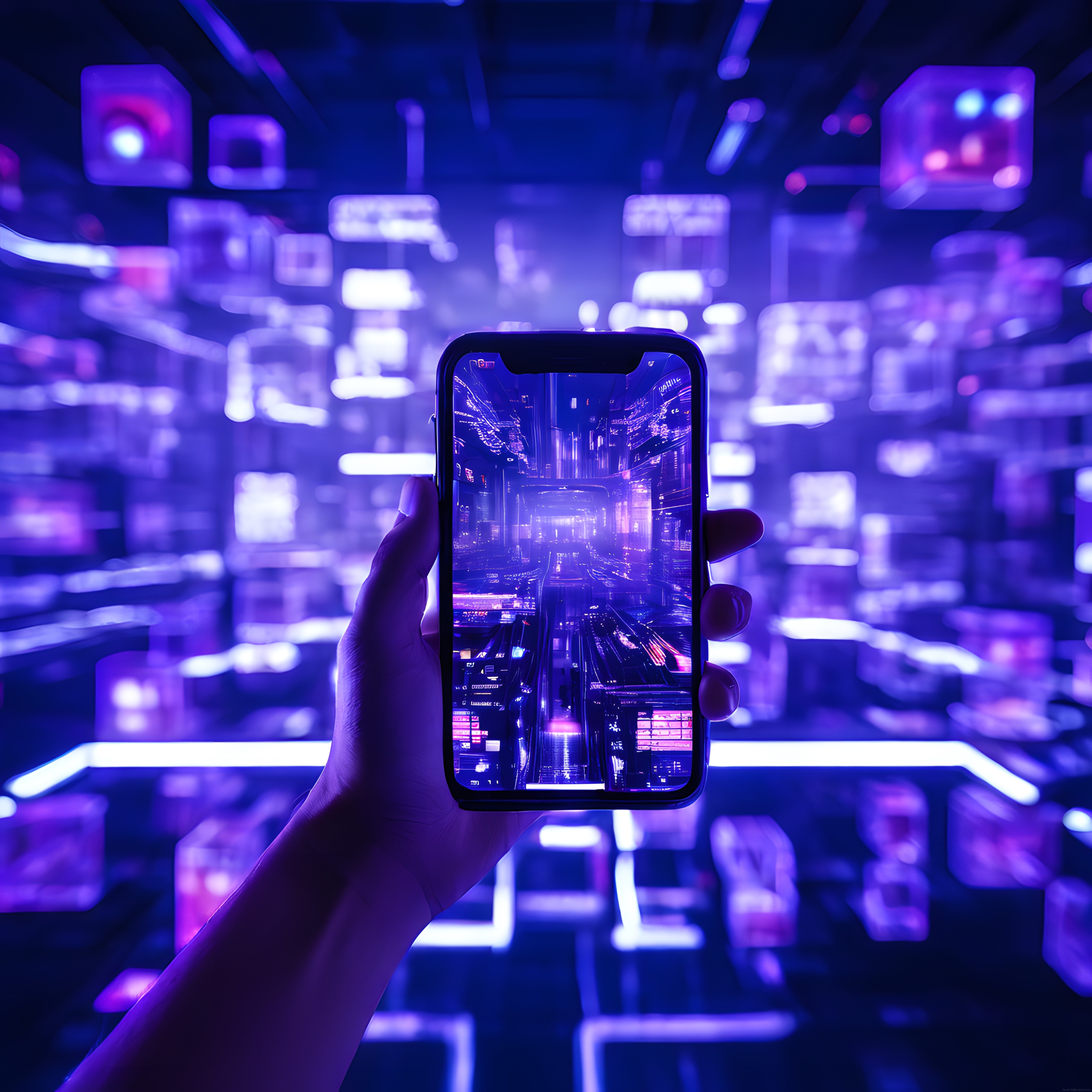 Akıllı telefon ekranından yansıyan mor neonlu geleceğin dijital şehri