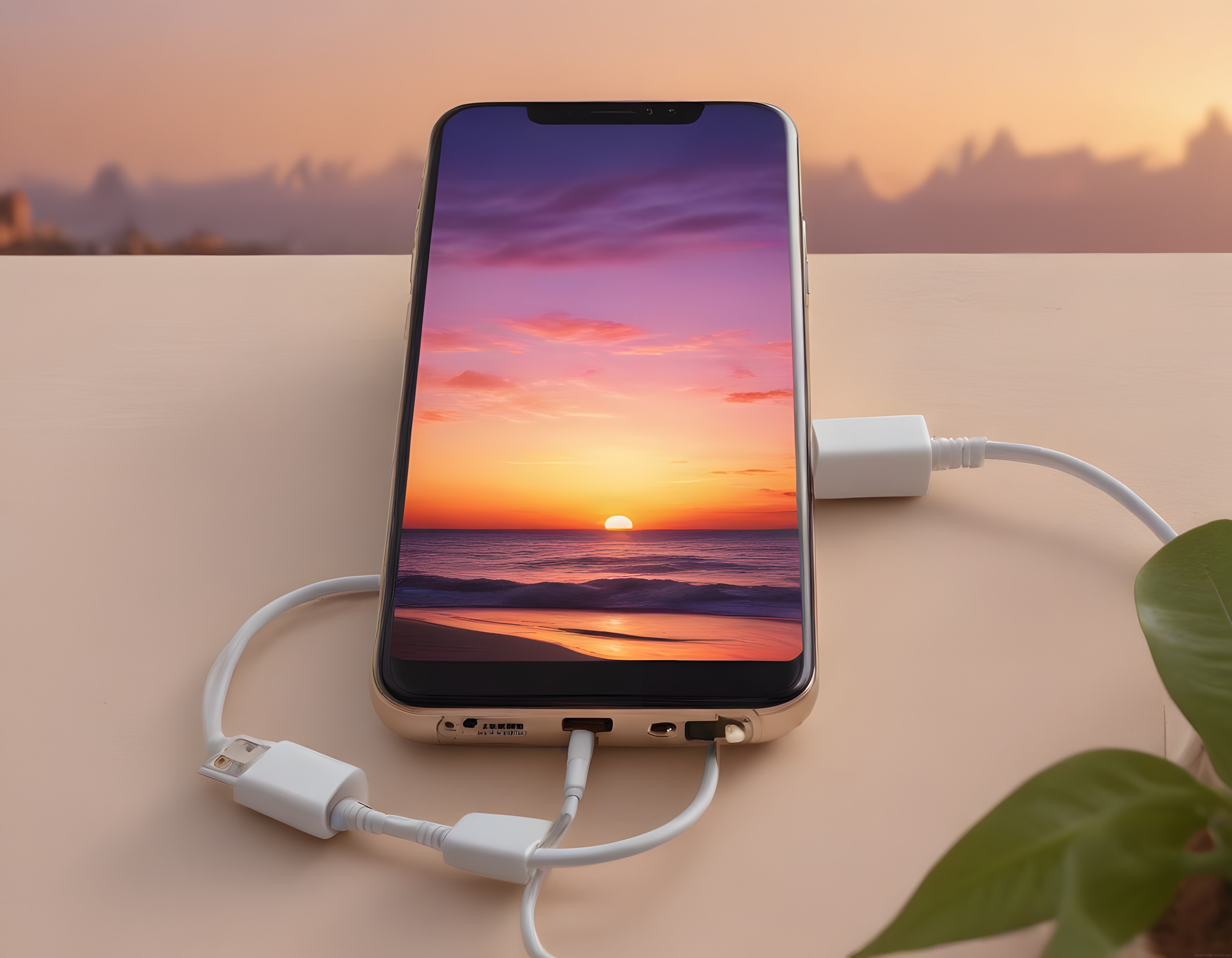 Akıllı telefonda gün batımı manzarası ve mobil aksesuarların estetik uyumu