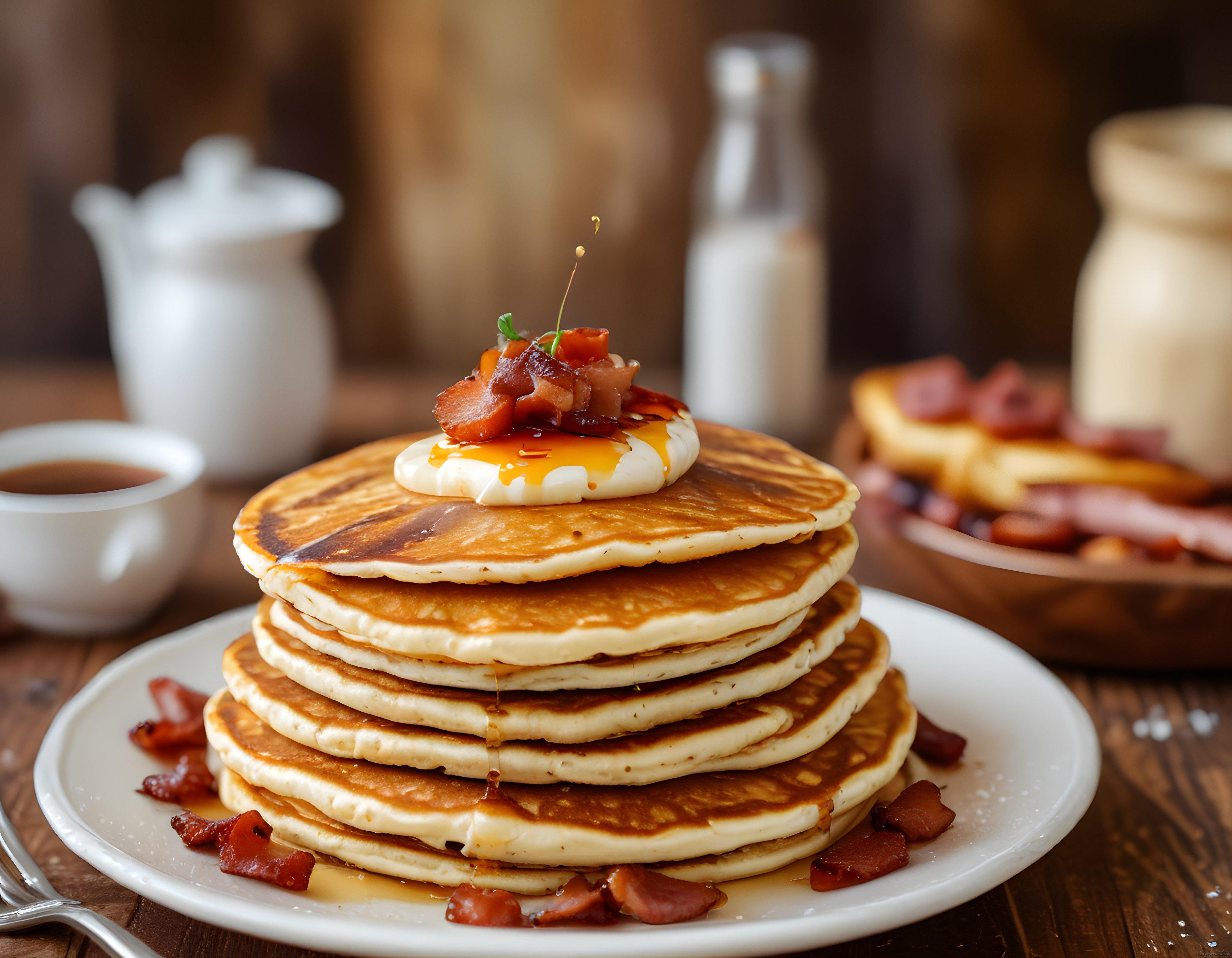 Akışkan Akçaağaç Şurubu ve Kıtır Baconlu Sıcacık Ev Yapımı Pankek Kulesi