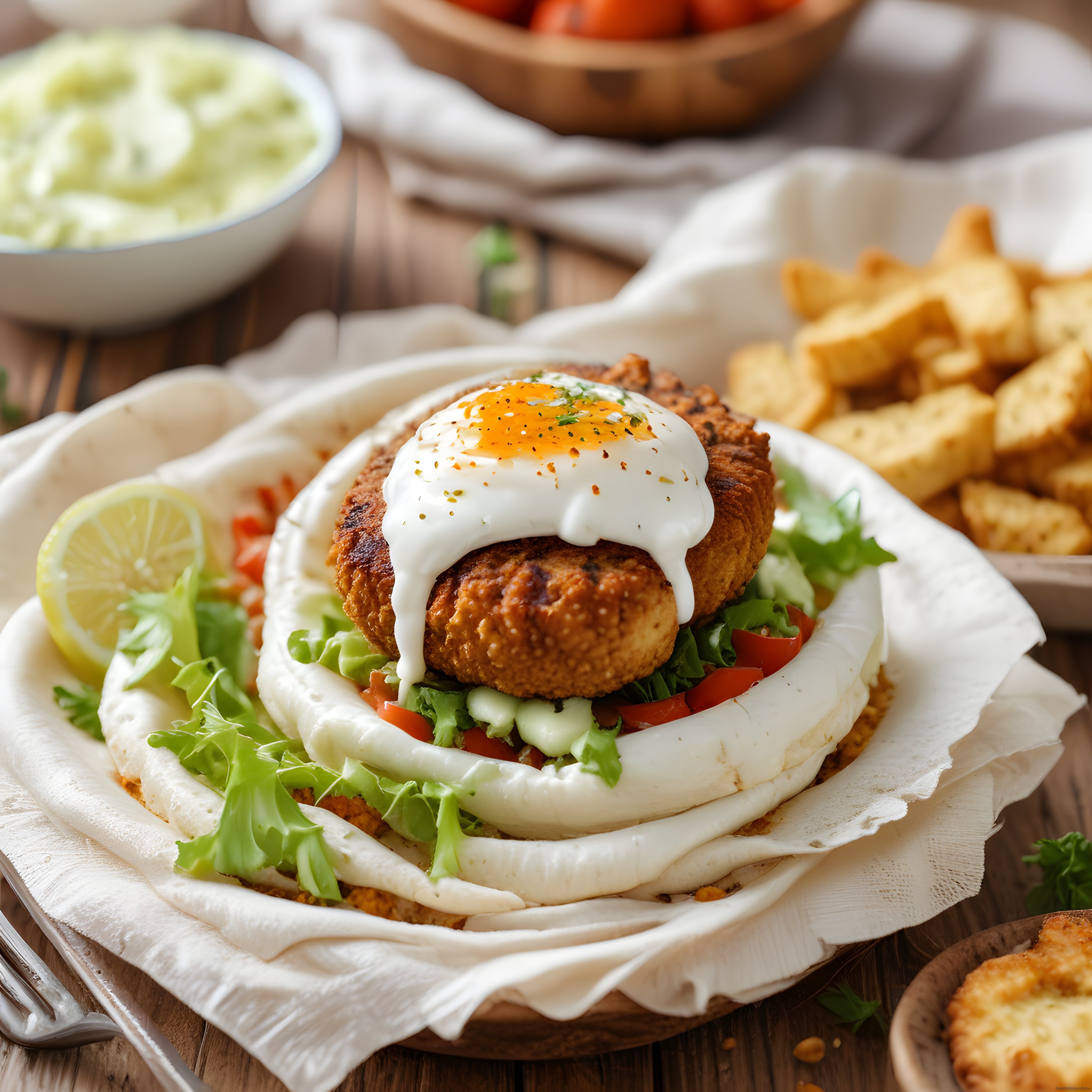 Akışkan Yumurtalı Kızarmış Köfte Burger ve Patates Kızartması Tabağı