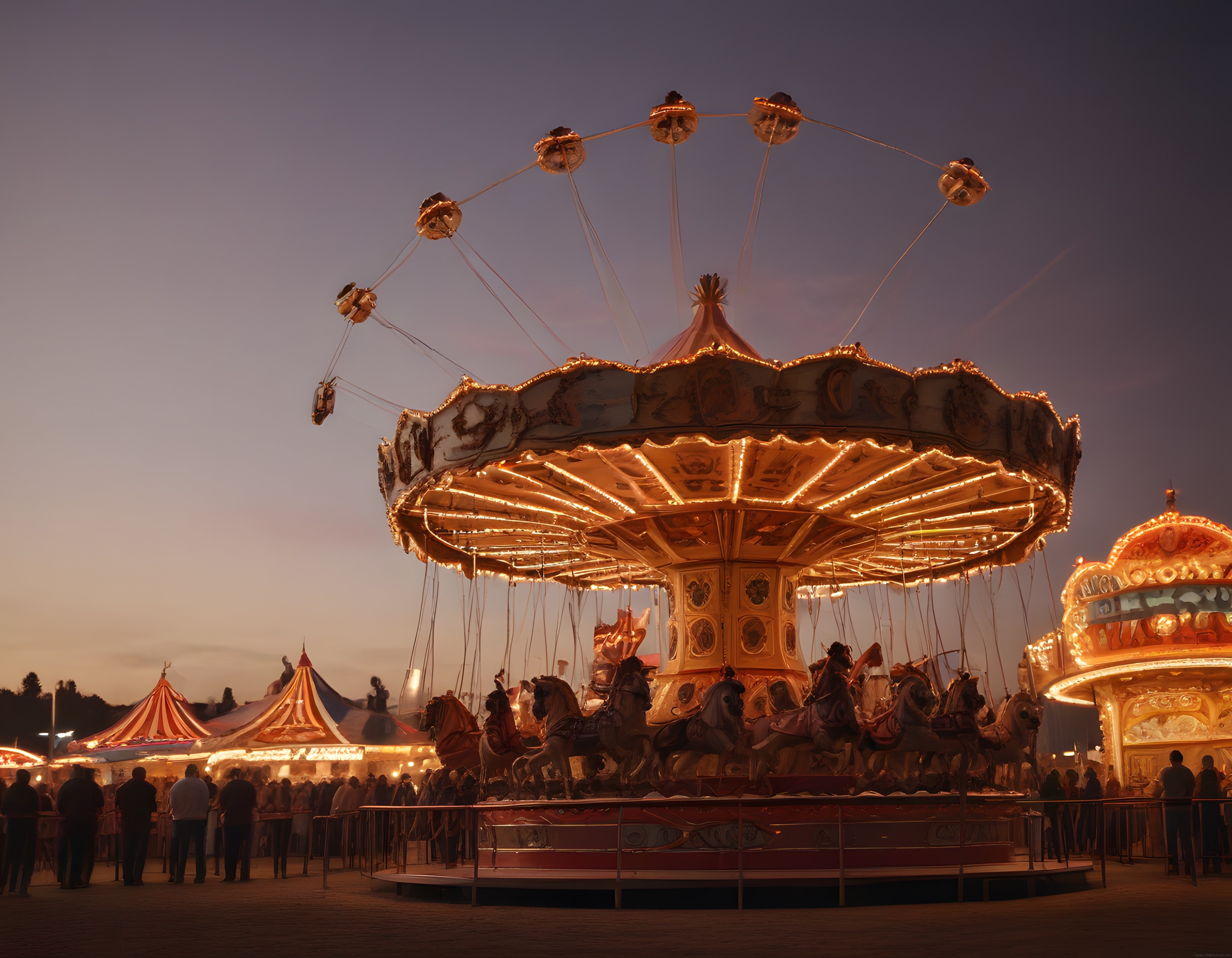 Akşam Çökerken Işıl Işıl Parlayan Atlıkarınca ve Lunapark Manzarası