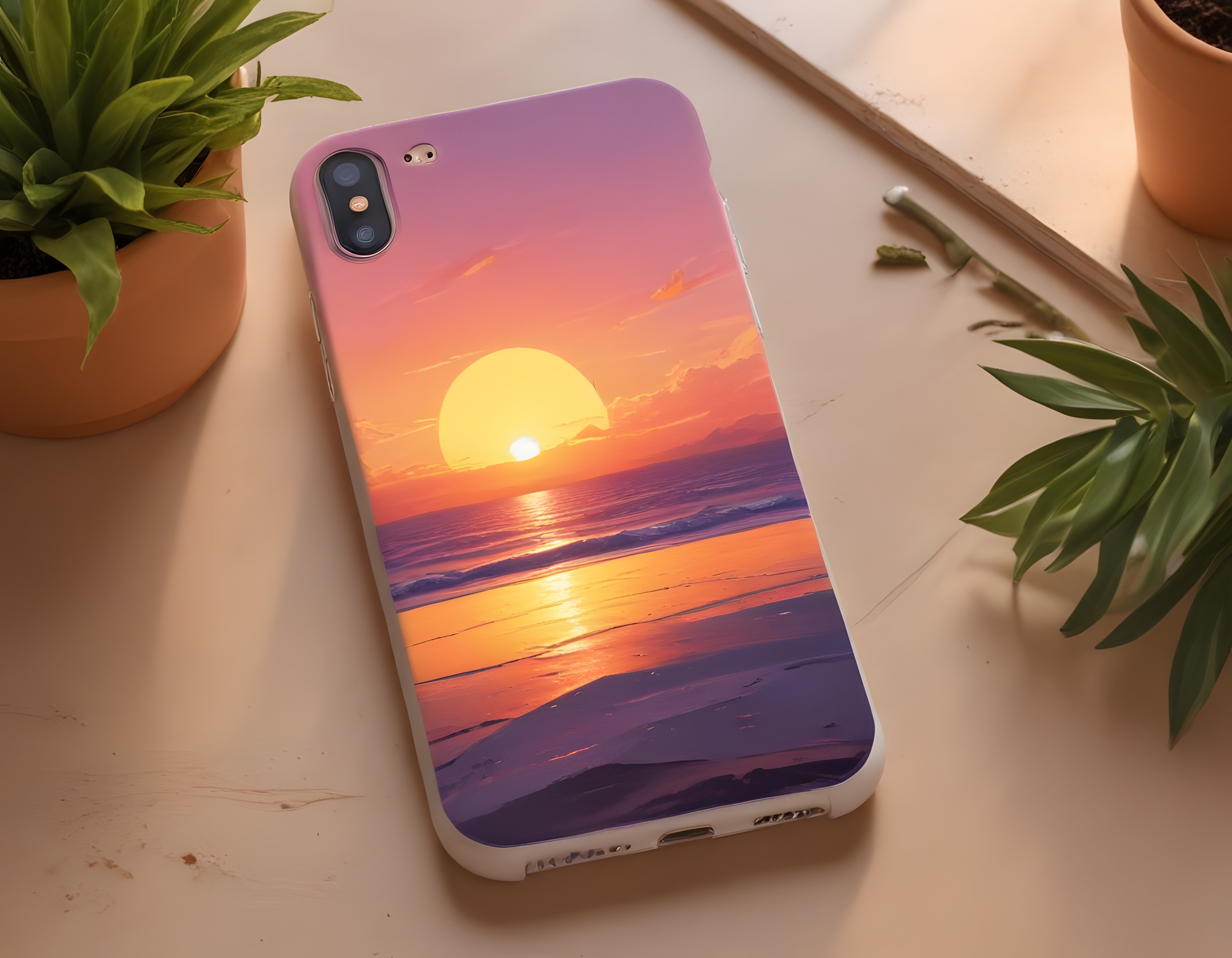 Akşam güneşi desenli telefon kılıfı ve saksı bitkileriyle sade masa düzeni