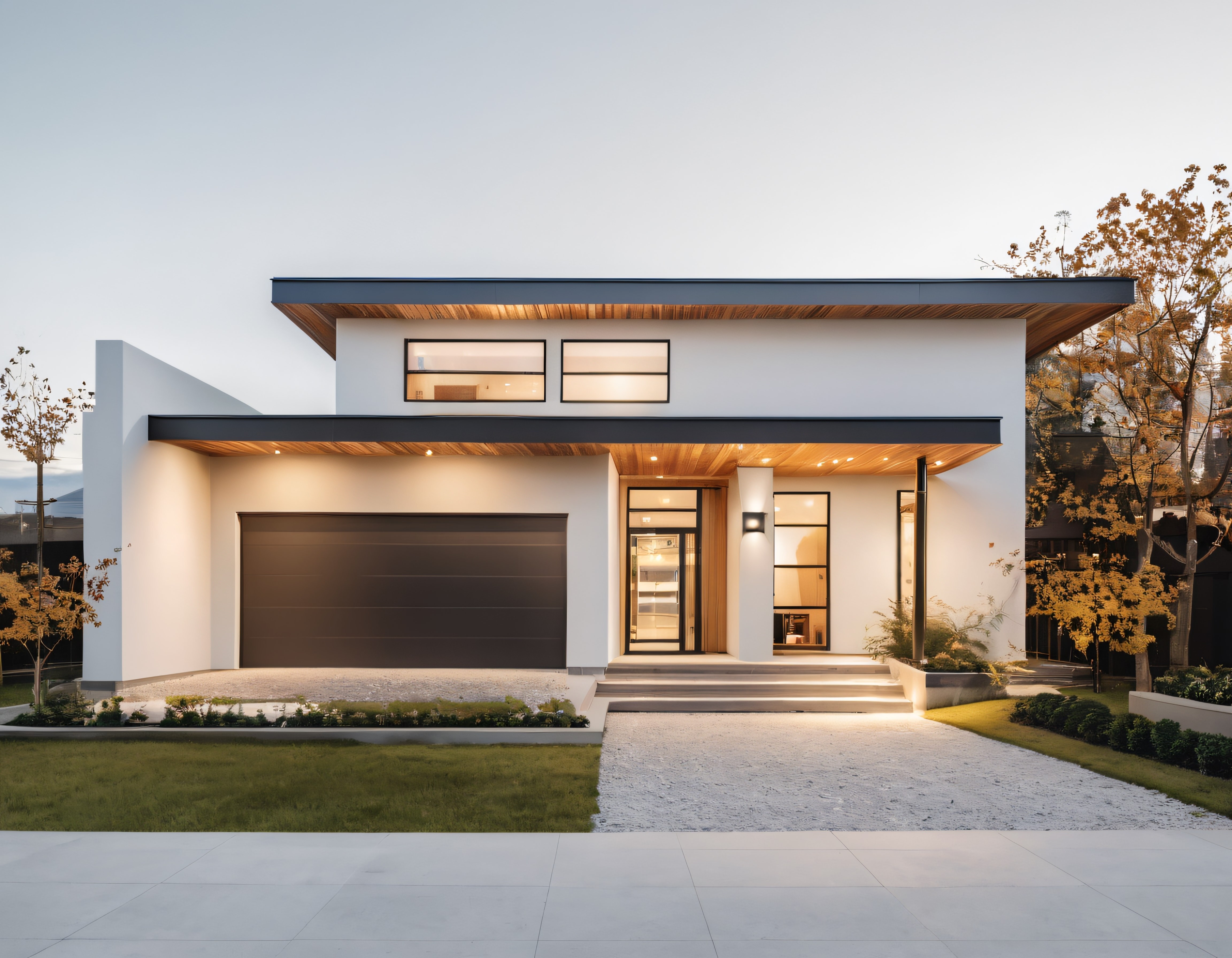 Akşam ışığında ahşap detaylı modern villa cephesi ve sade bahçe düzenlemesi