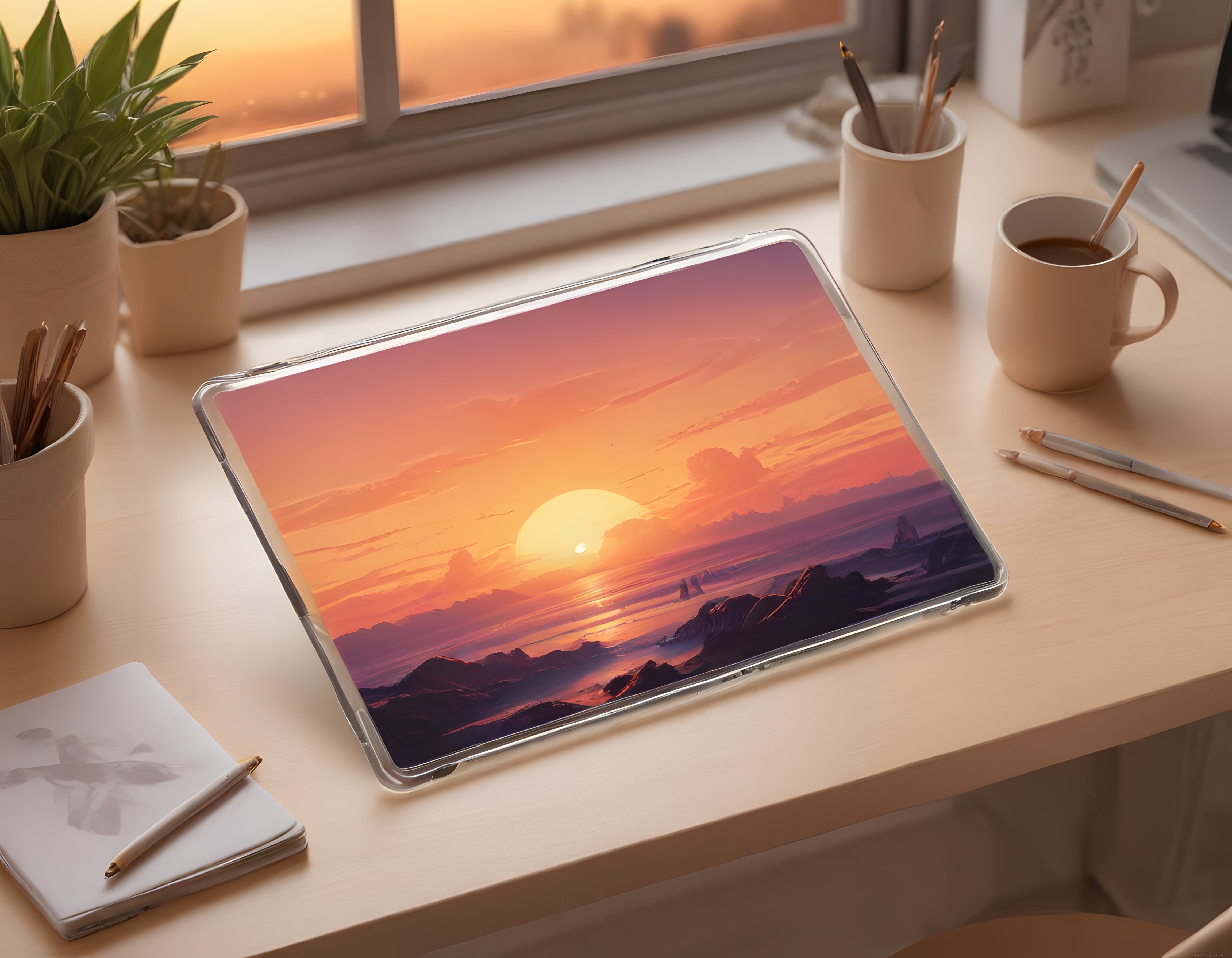 Akşam Işığında Minimalist Çalışma Masası ve Doğa Manzaralı Tablet