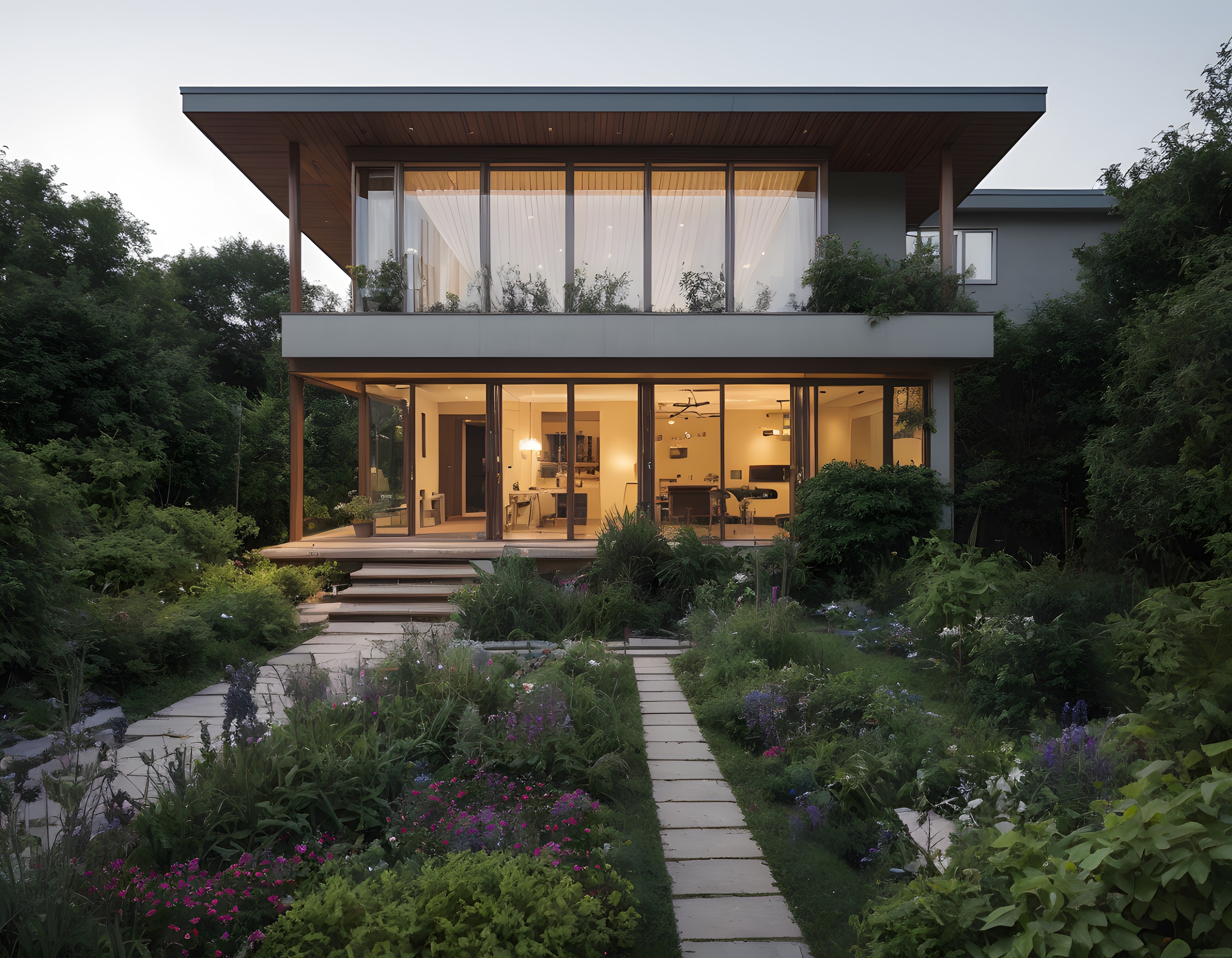 Akşam ışığında modern cam cepheli çift katlı villa ve peyzaj bahçe manzarası
