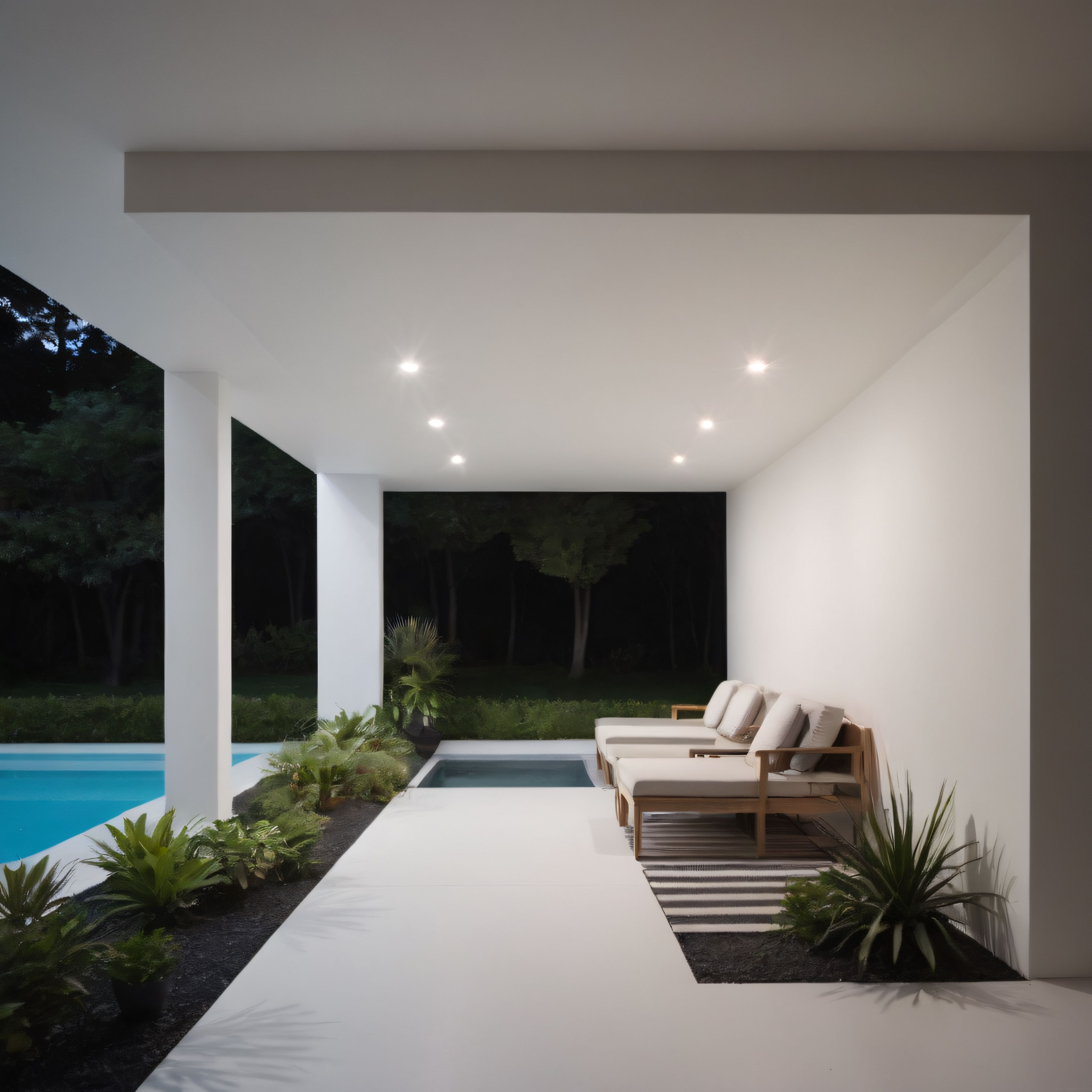 Akşam Işıklarında Modern Villa Terası, Havuz ve Doğayla İç İçe Mimari