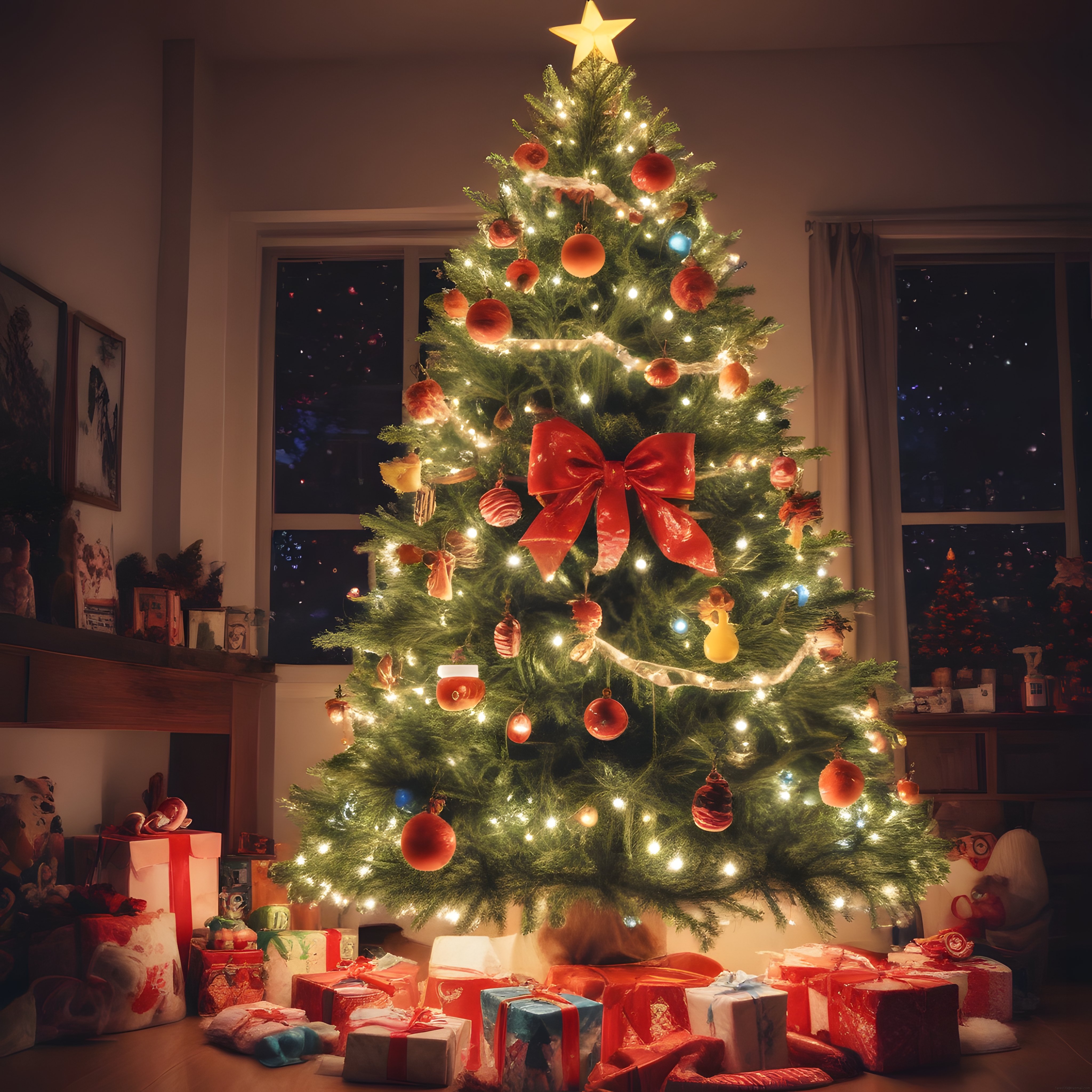Akşam Işıklarında Parlayan Kırmızı Fiyonklu Noel Ağacı ve Hediye Kutuları