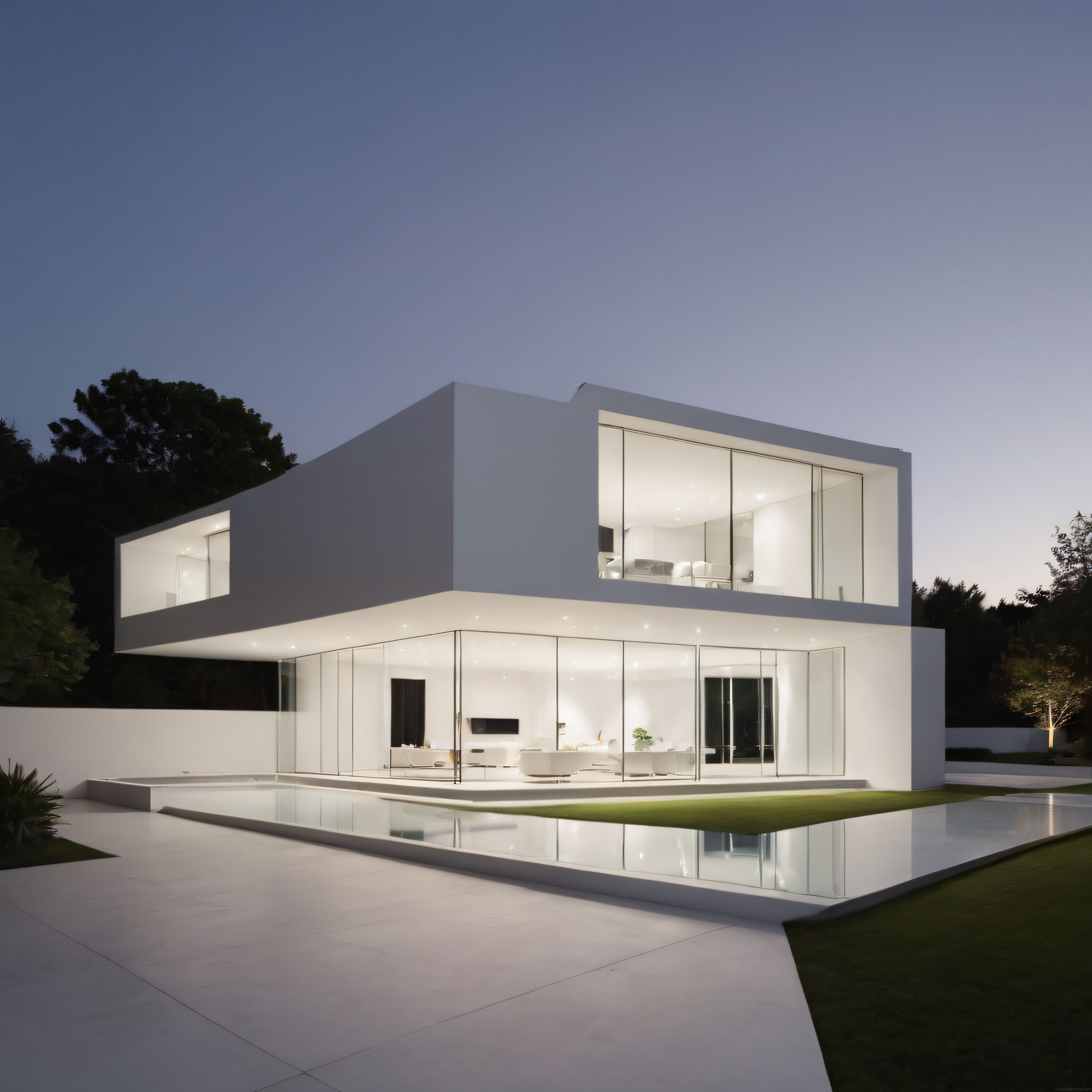 Akşam Mavisi Eşliğinde Cam Cepheli ve Havuzlu Ultra Modern Villa Tasarımı