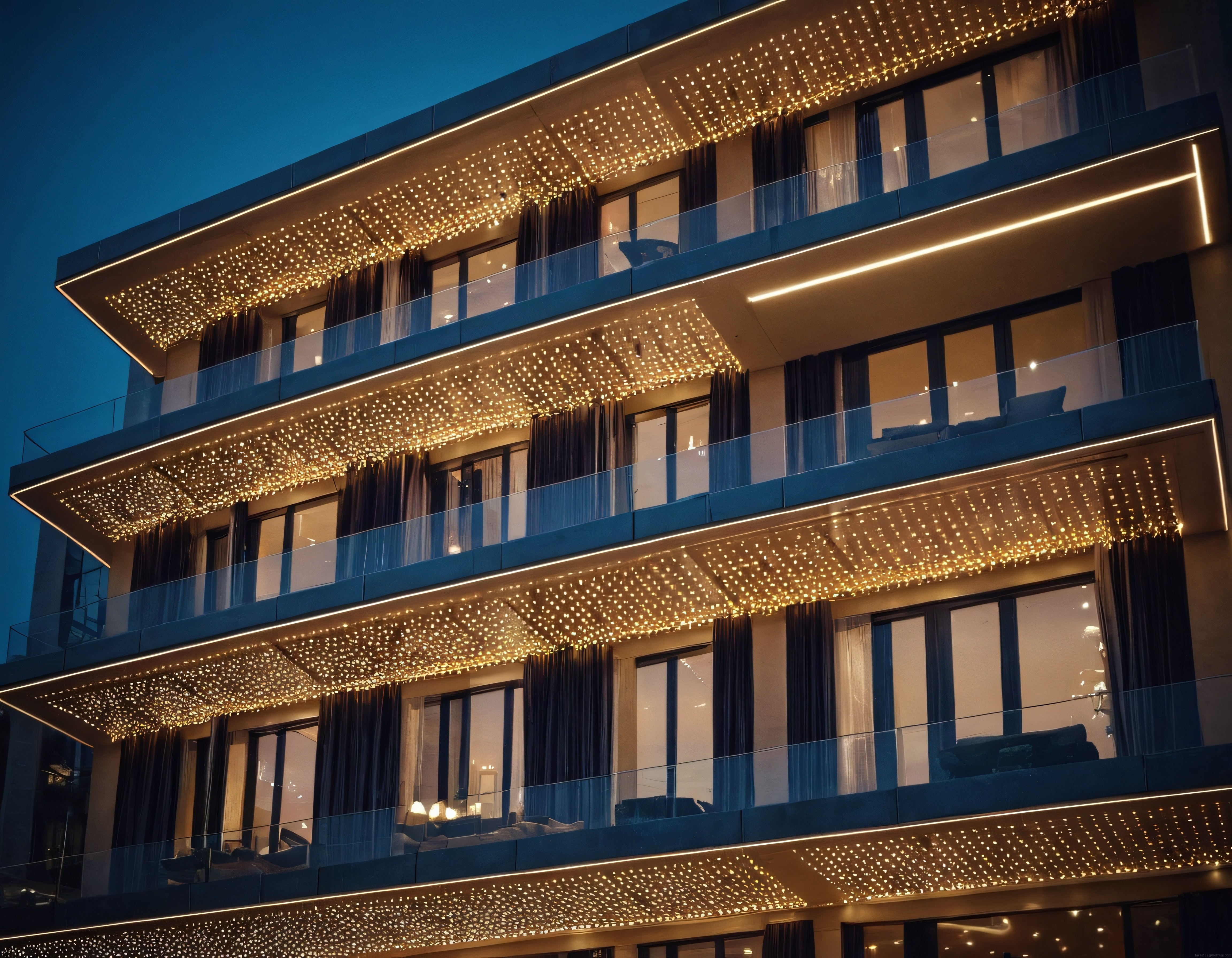 Akşam Mavisi Gökyüzünde Peri Işıklarıyla Aydınlatılmış Modern Apartman Cephesi