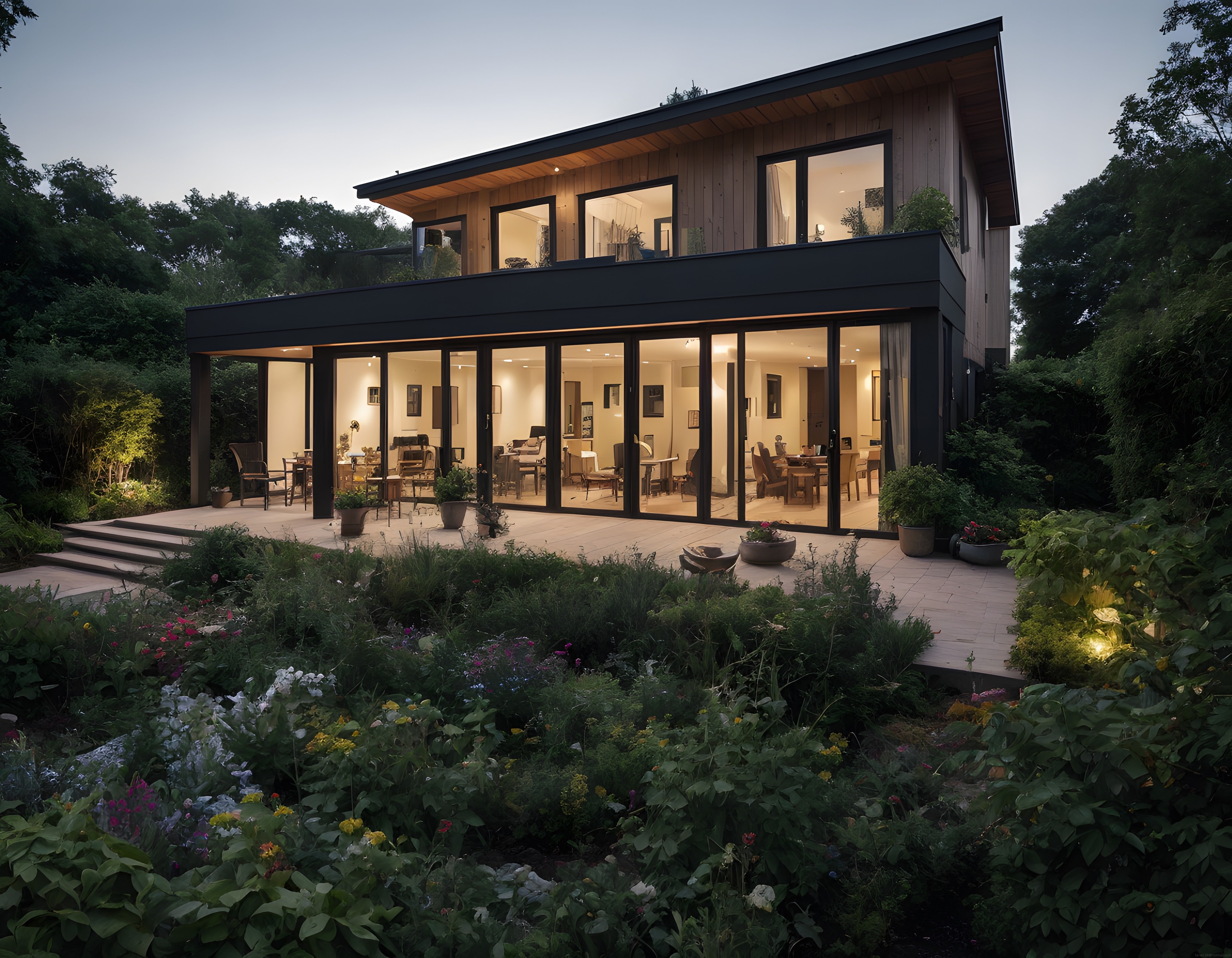 Akşam Vaktinde Doğayla Bütünleşen Modern Cam ve Ahşap Detaylı Villa Tasarımı