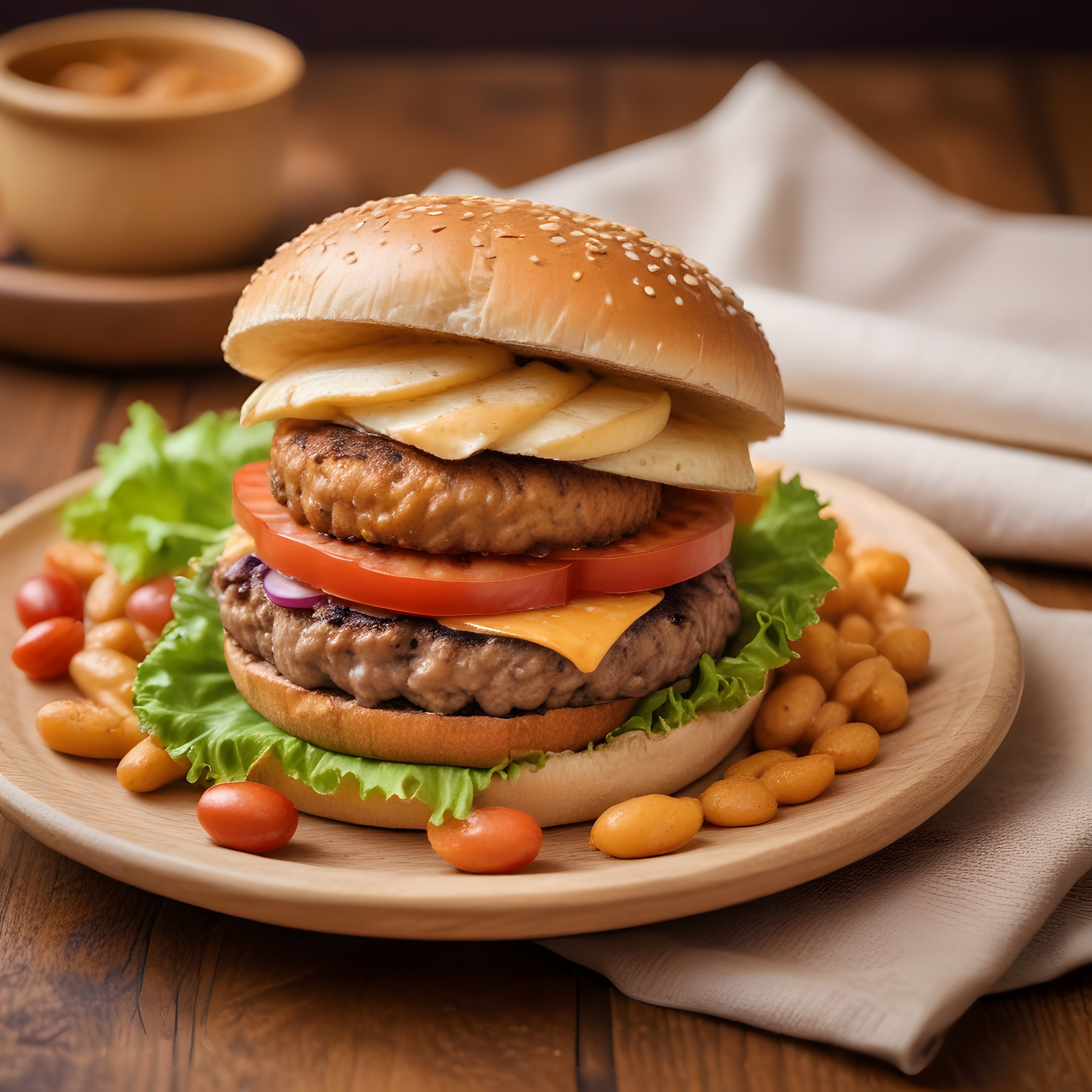 Akşam Yemeği İçin Çift Katlı Izgara Köfteli Hamburger ve Fasulye Sunumu