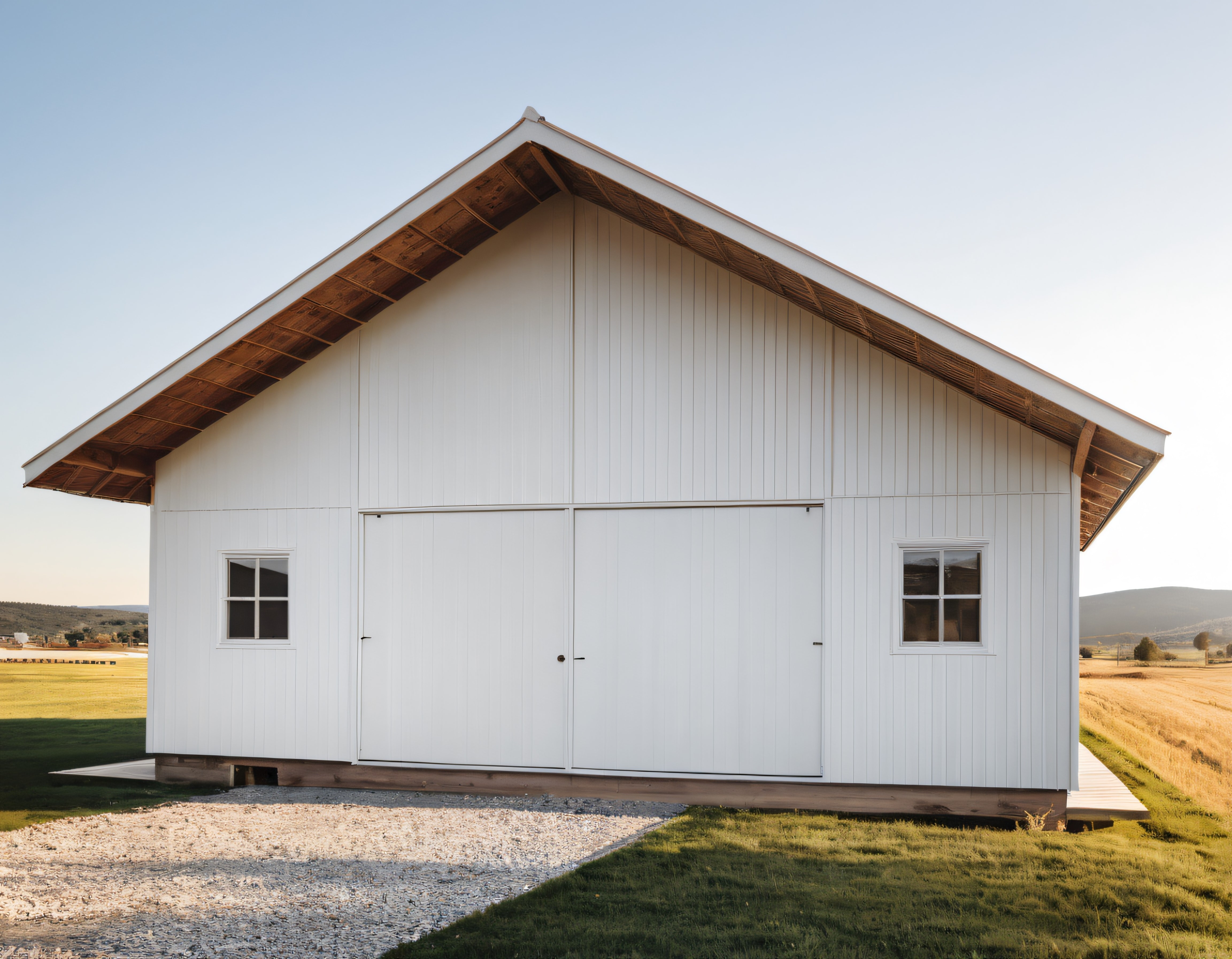 akşamüstü ışığında beyaz panelli modern ahşap çatılı kır evi ve ova manzarası