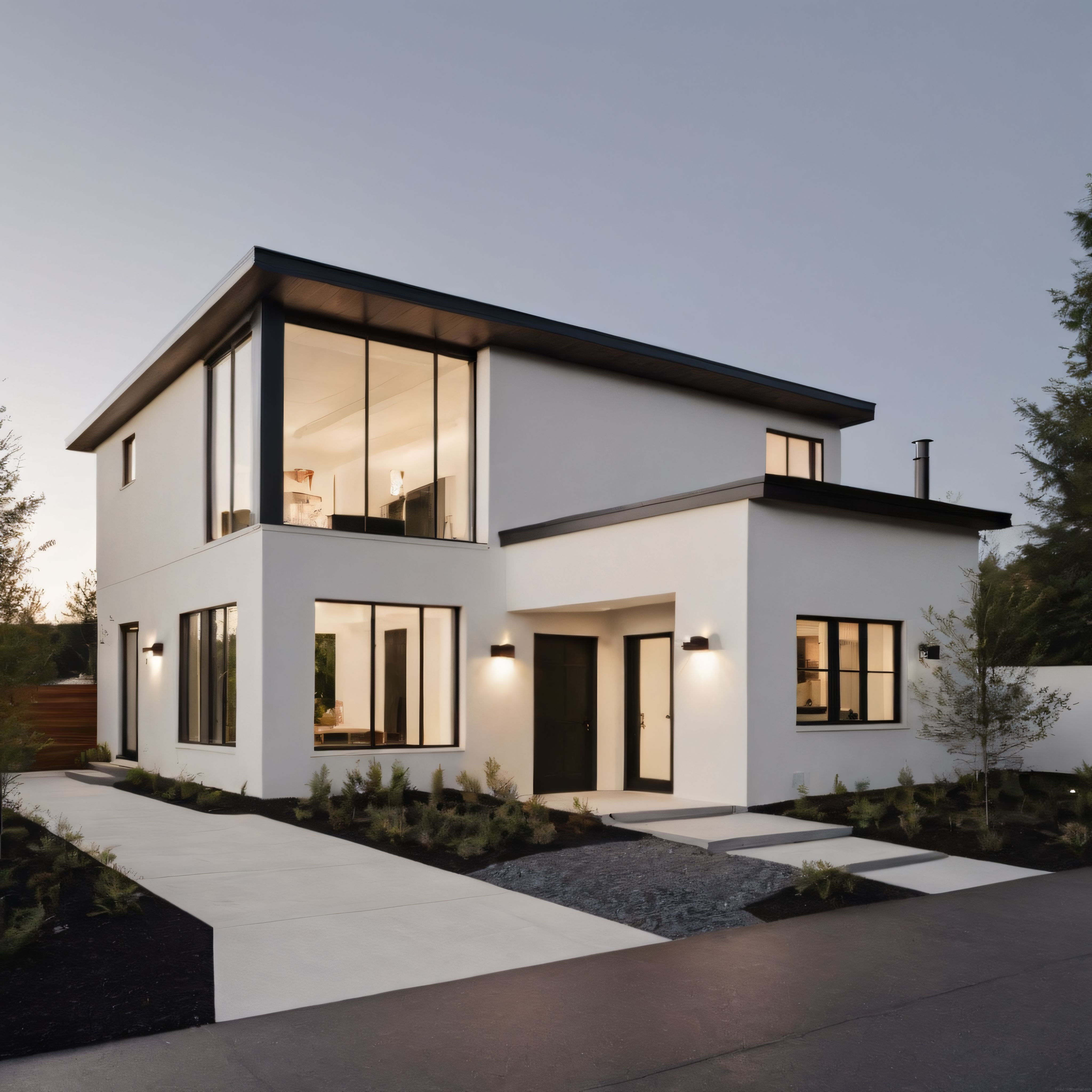 Akşamüstü Işığında Modern Minimalist Villa ve Siyah Beyaz Mimari Detaylar