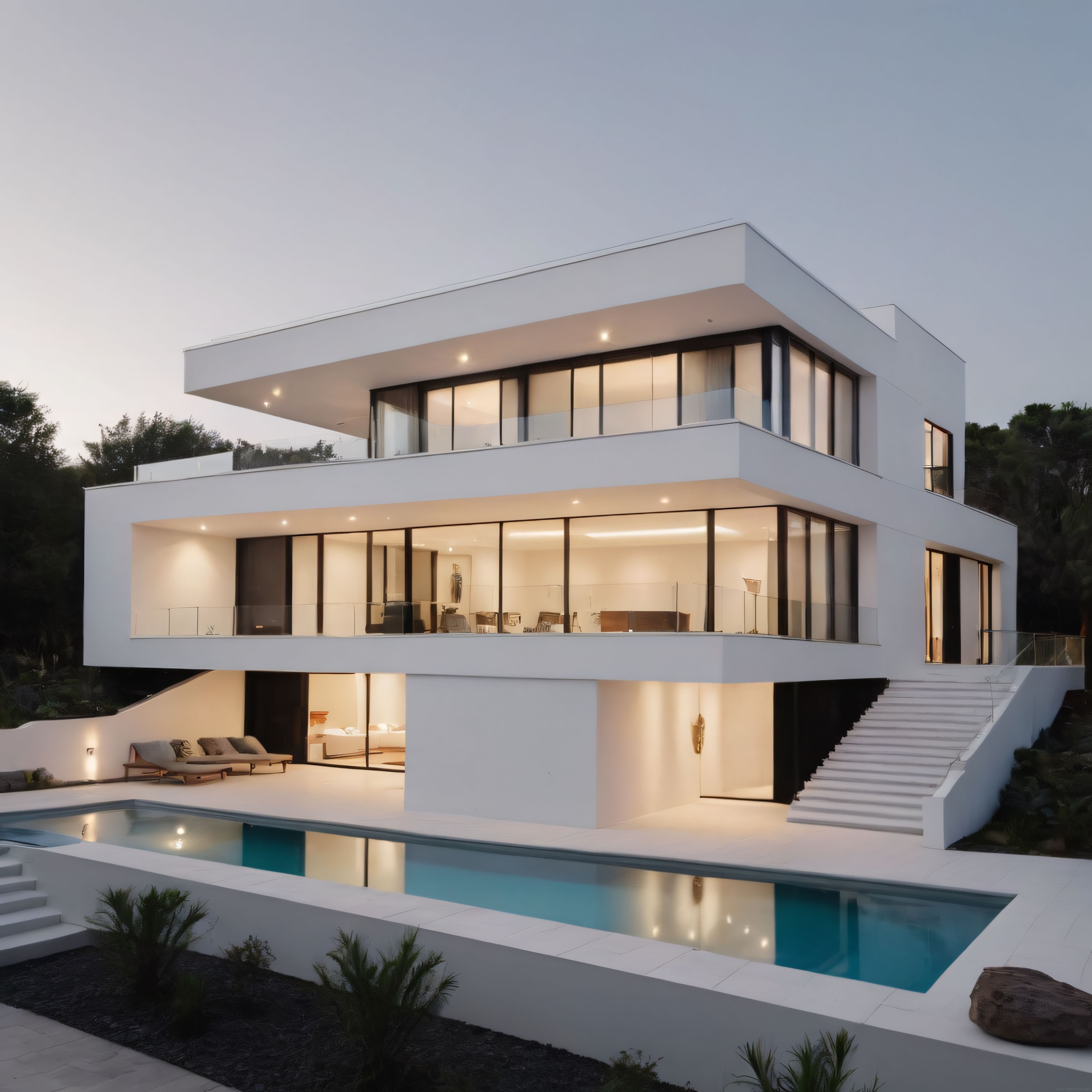 Alacakaranlık Ambiyansında Beyaz Cepheli Lüks Modern Villa ve Havuz Tasarımı