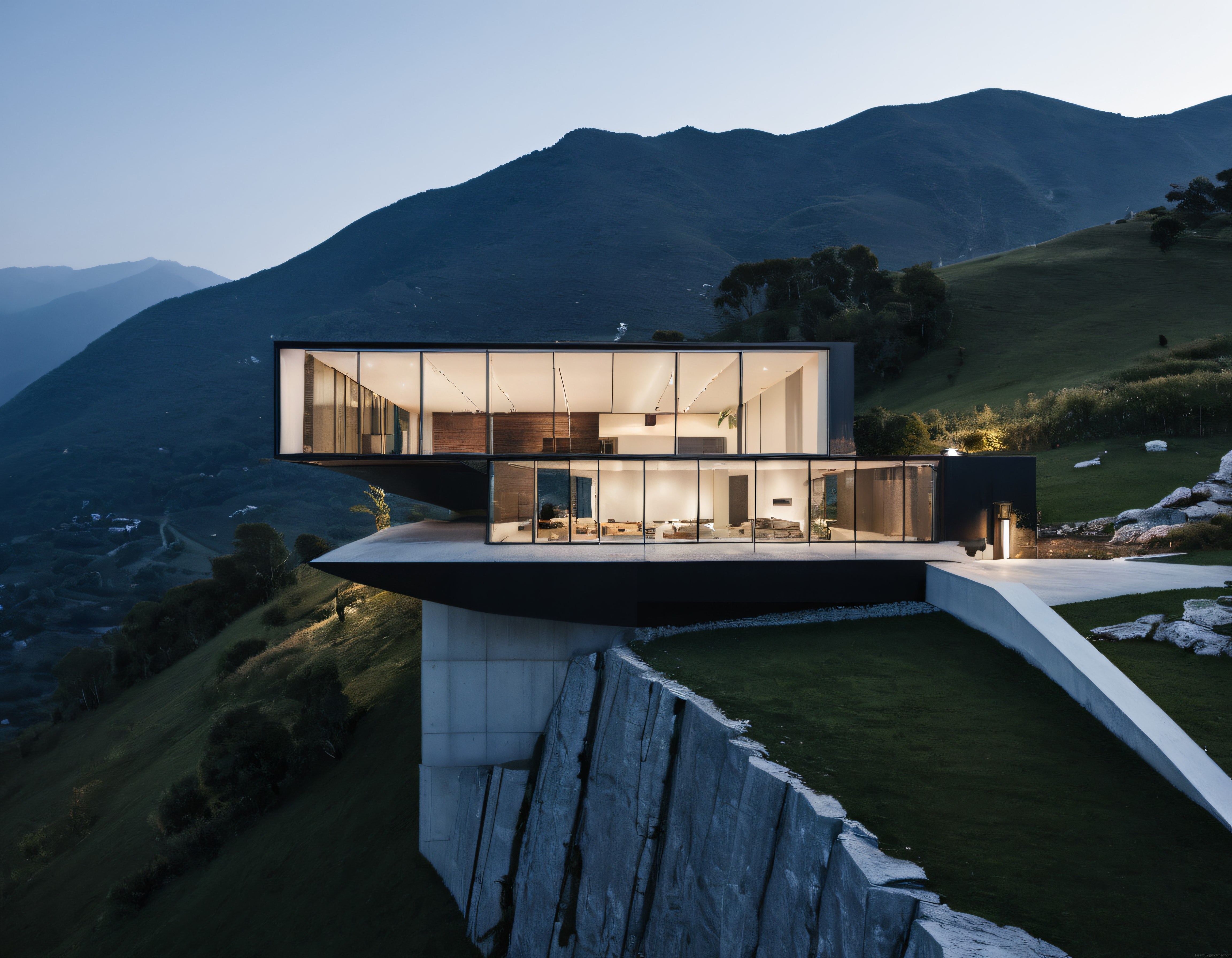Alacakaranlık Atmosferinde Dağların Üzerinde Asılı Modern Cam ve Beton Villa