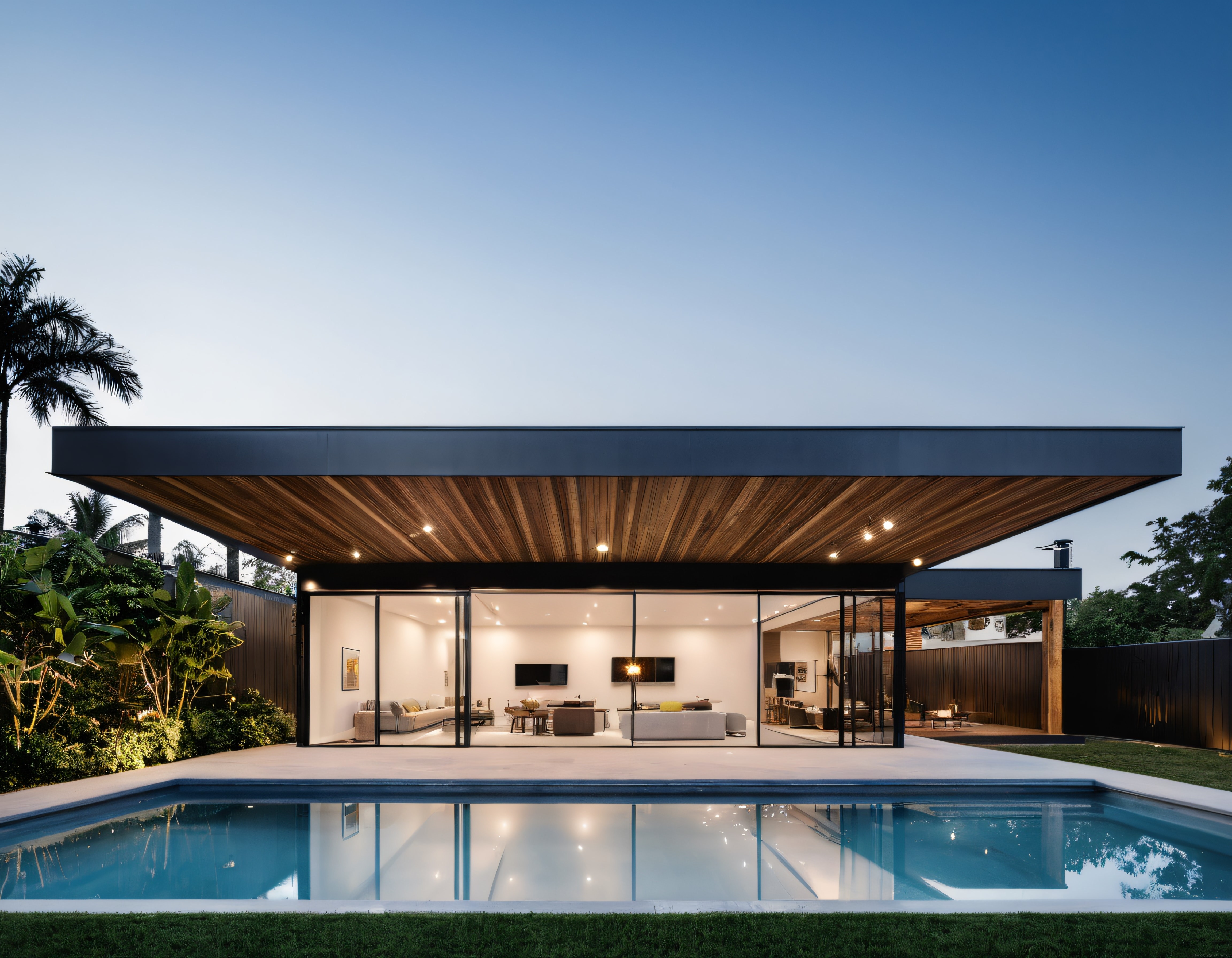 Alacakaranlık Atmosferinde Modern Cam Villa ve Sonsuzluk Havuzu Manzarası