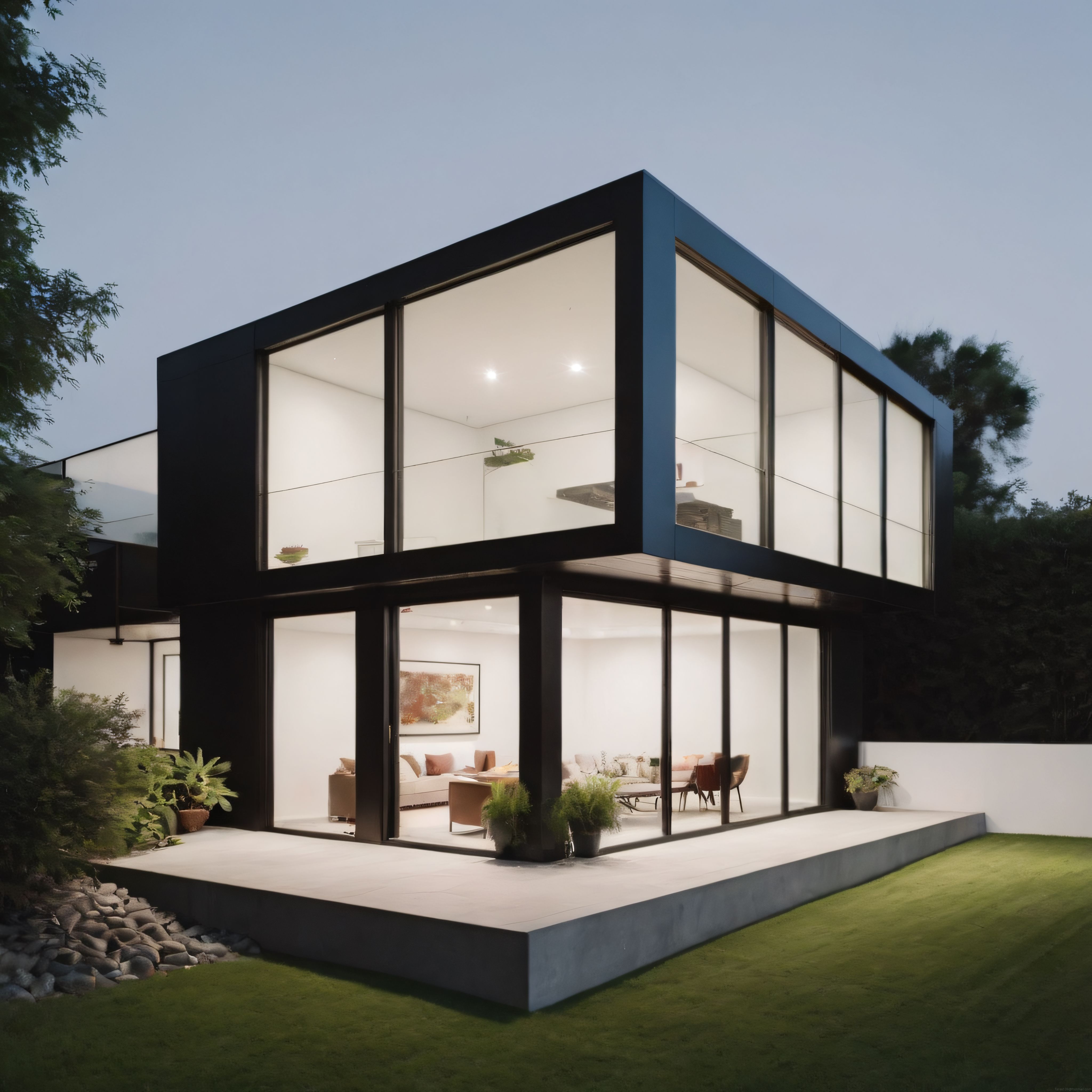 Alacakaranlık Gökyüzünde Cam Cepheli Modern Minimalist Villa ve Yeşil Bahçe